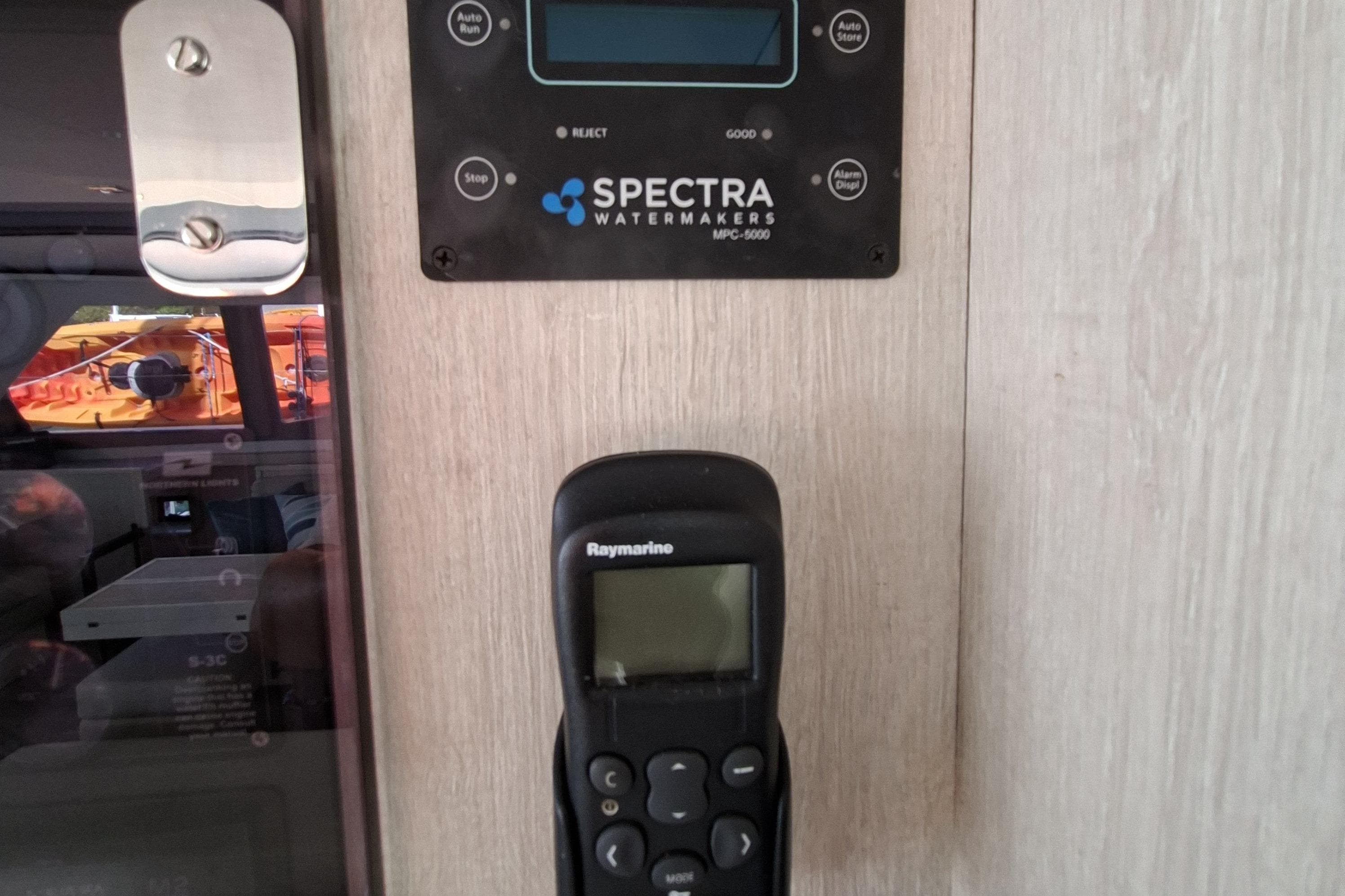 Control panel and remote on a 2018 Leopard 45 yacht interior.