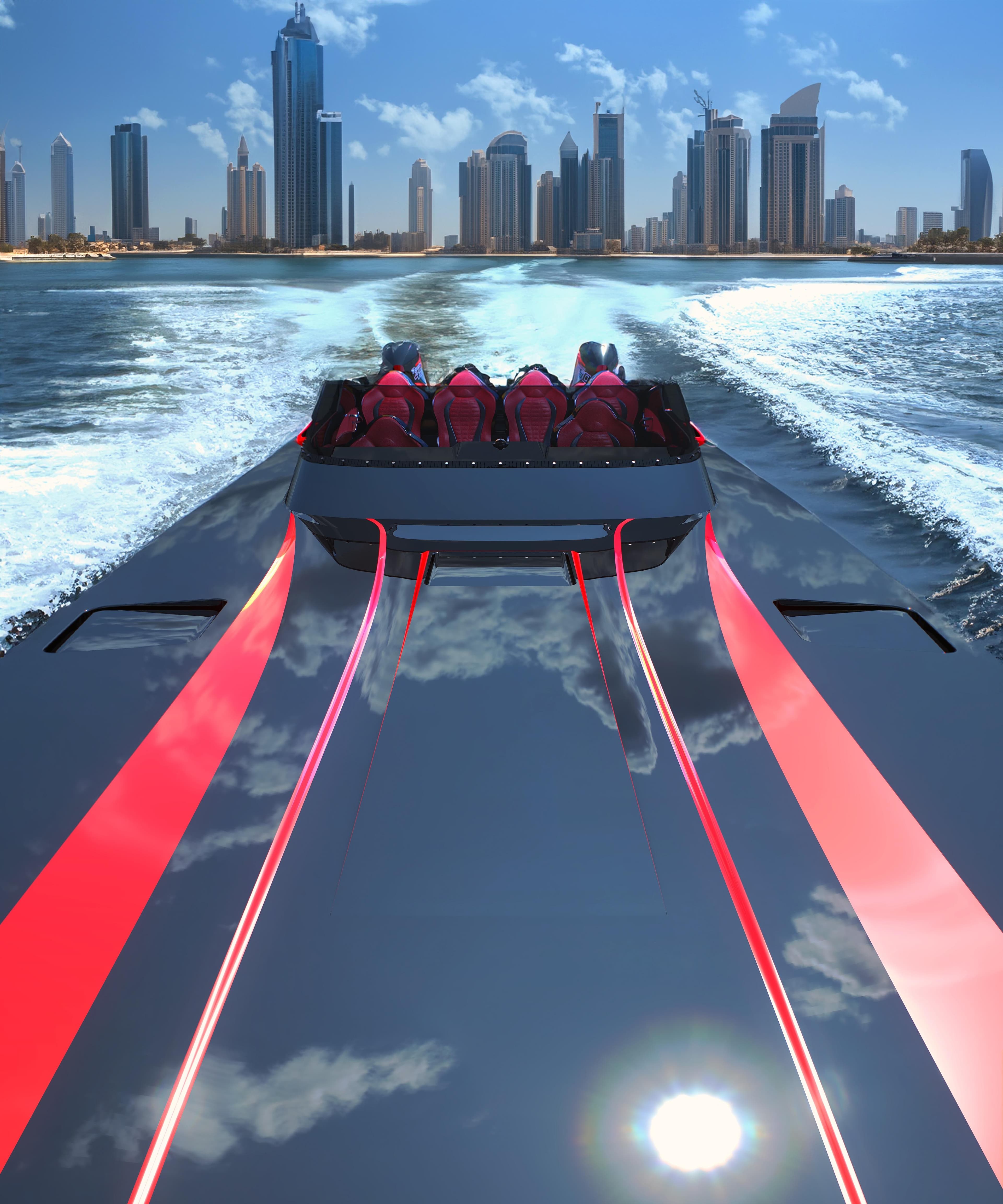 VisionF Superfast 46R speedboat cruising with city skyline in background, 2025 model.