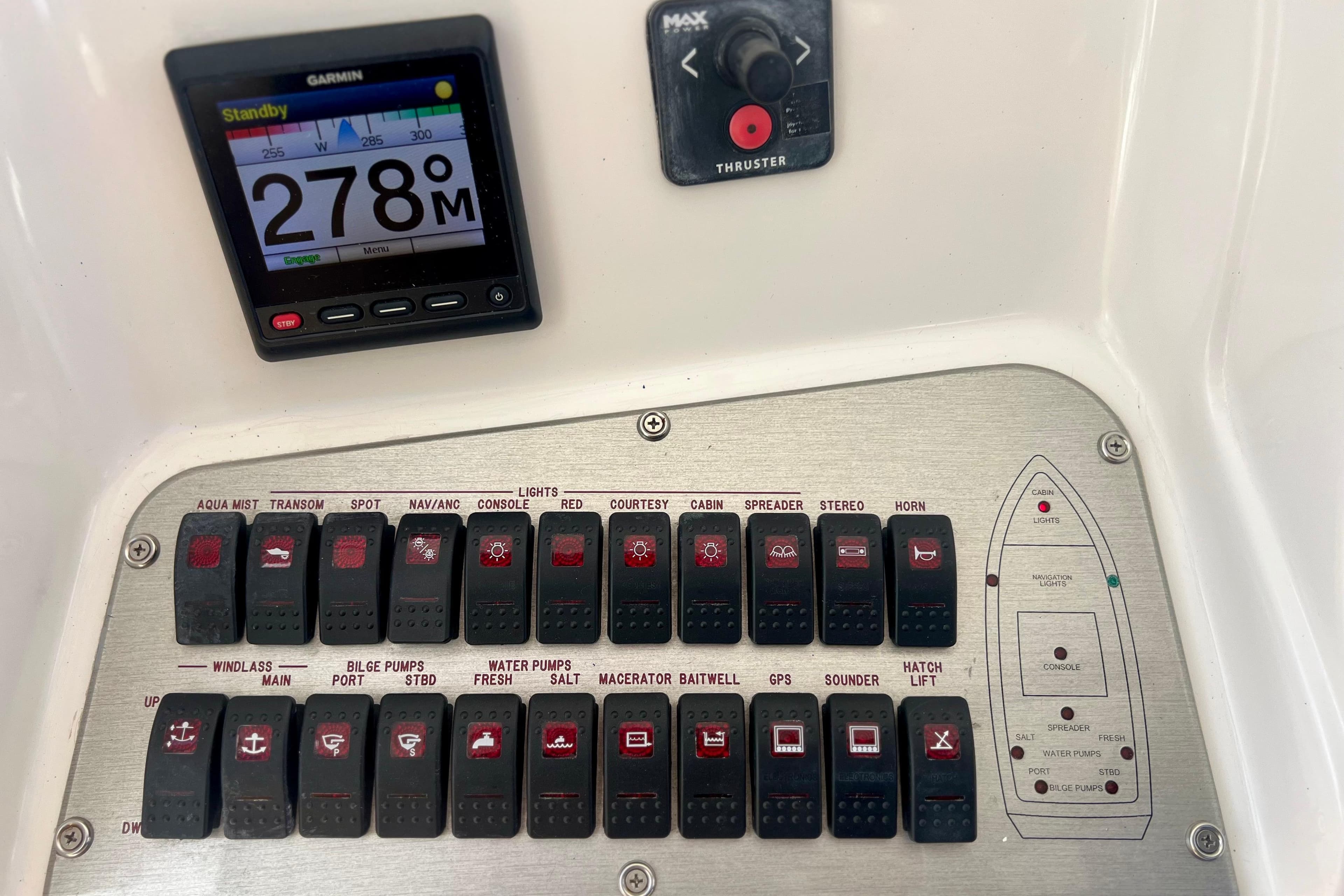 Control panel of a 2011 Deep Impact 36 Open boat with Garmin display and switches.