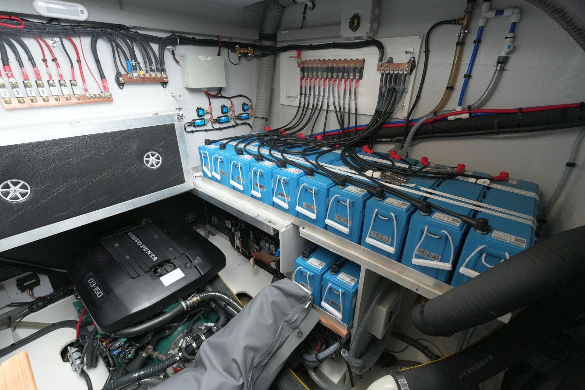 Electrical system and engine room of 2022 Fountaine Pajot Alegria 67 yacht.