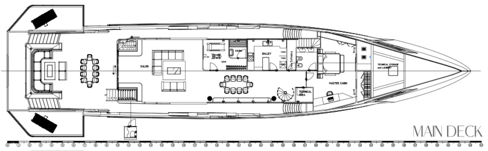 Main deck layout of Naval Yachts LXT140, year 2027.