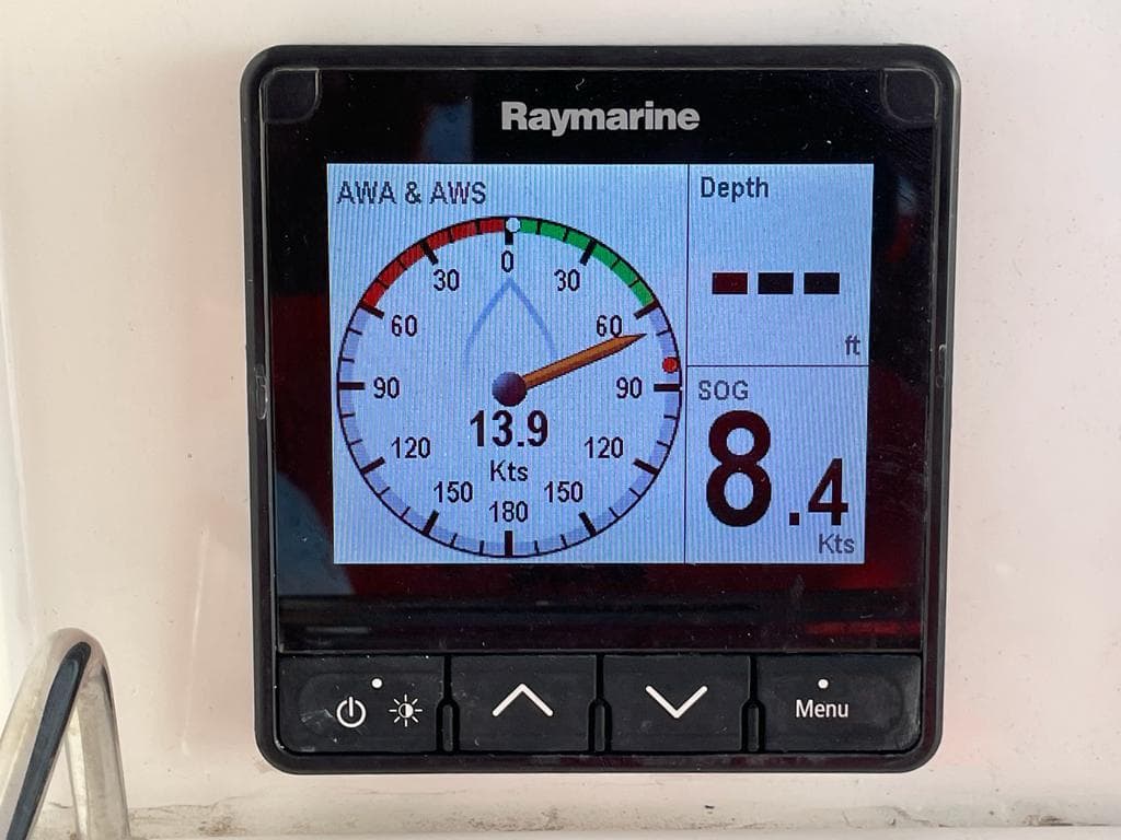 Raymarine display on 2020 Leopard 40 showing wind speed, depth, and speed over ground.