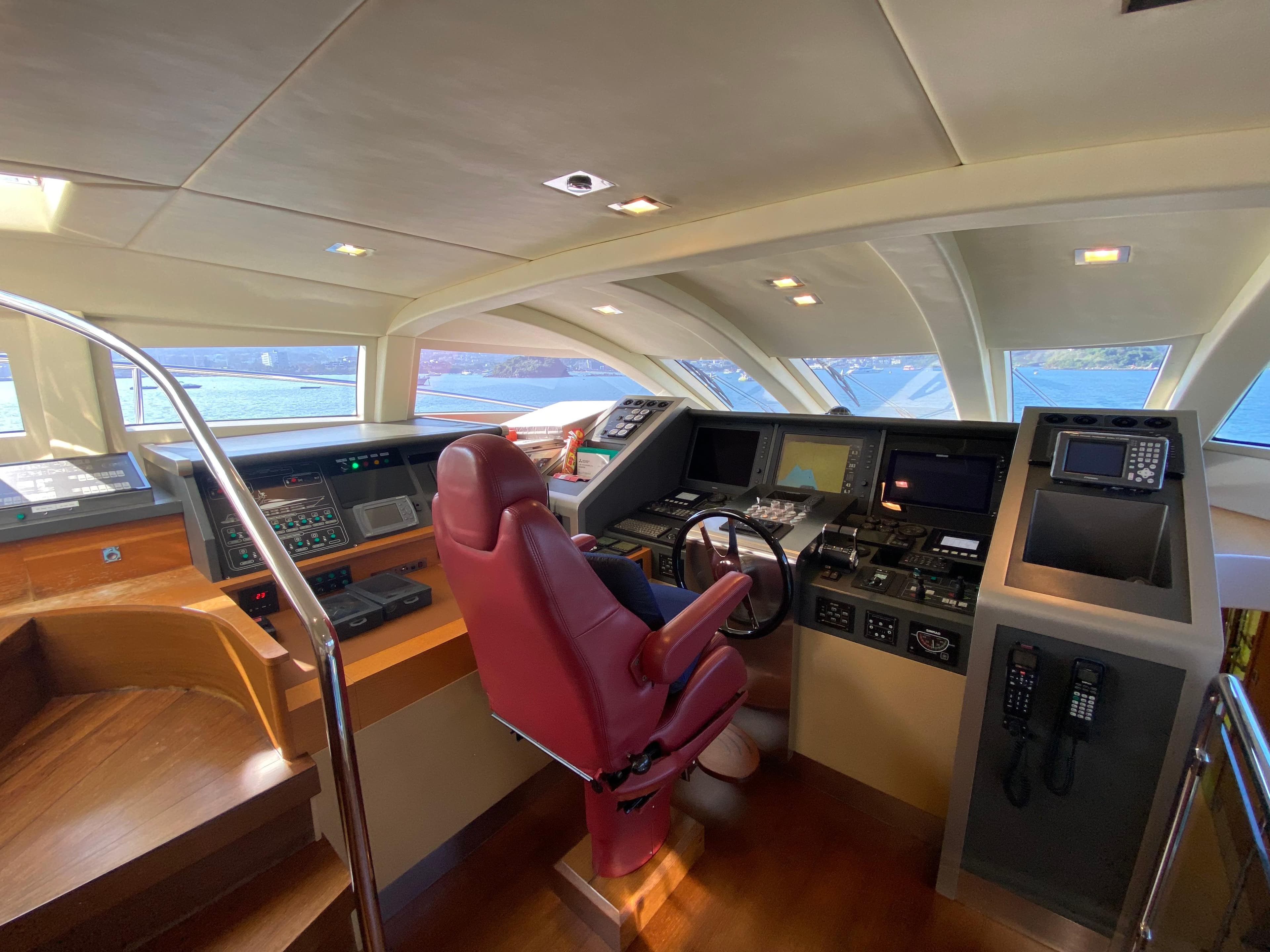 Luxurious 2007 Platinum PR Marine Romantica 103 yacht cockpit with advanced navigation controls.