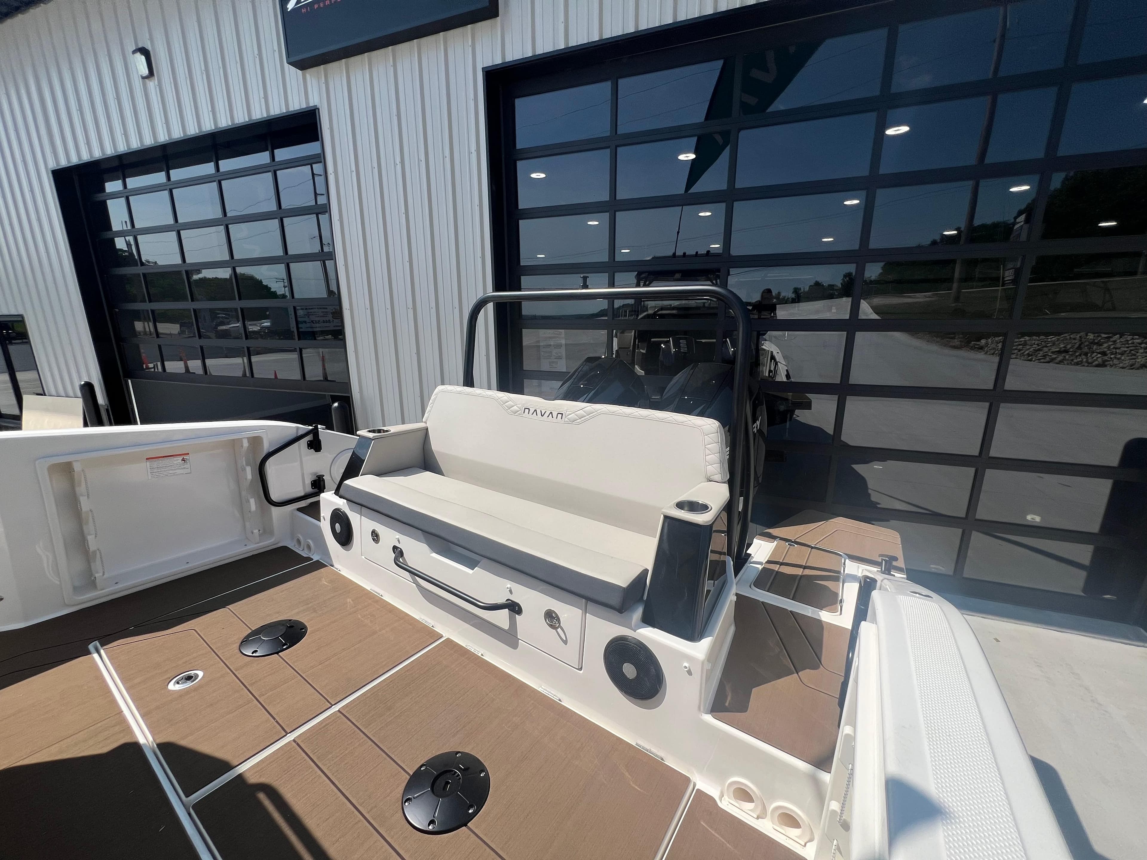 Navan S-30 boat interior, 2025 model, featuring seating and modern design elements.