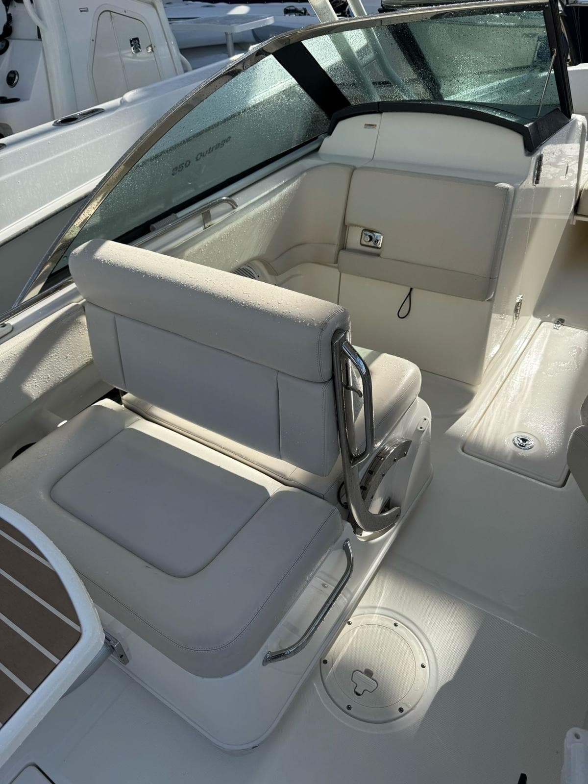 2020 Boston Whaler 230 Vantage boat interior with cushioned seating and sleek design.