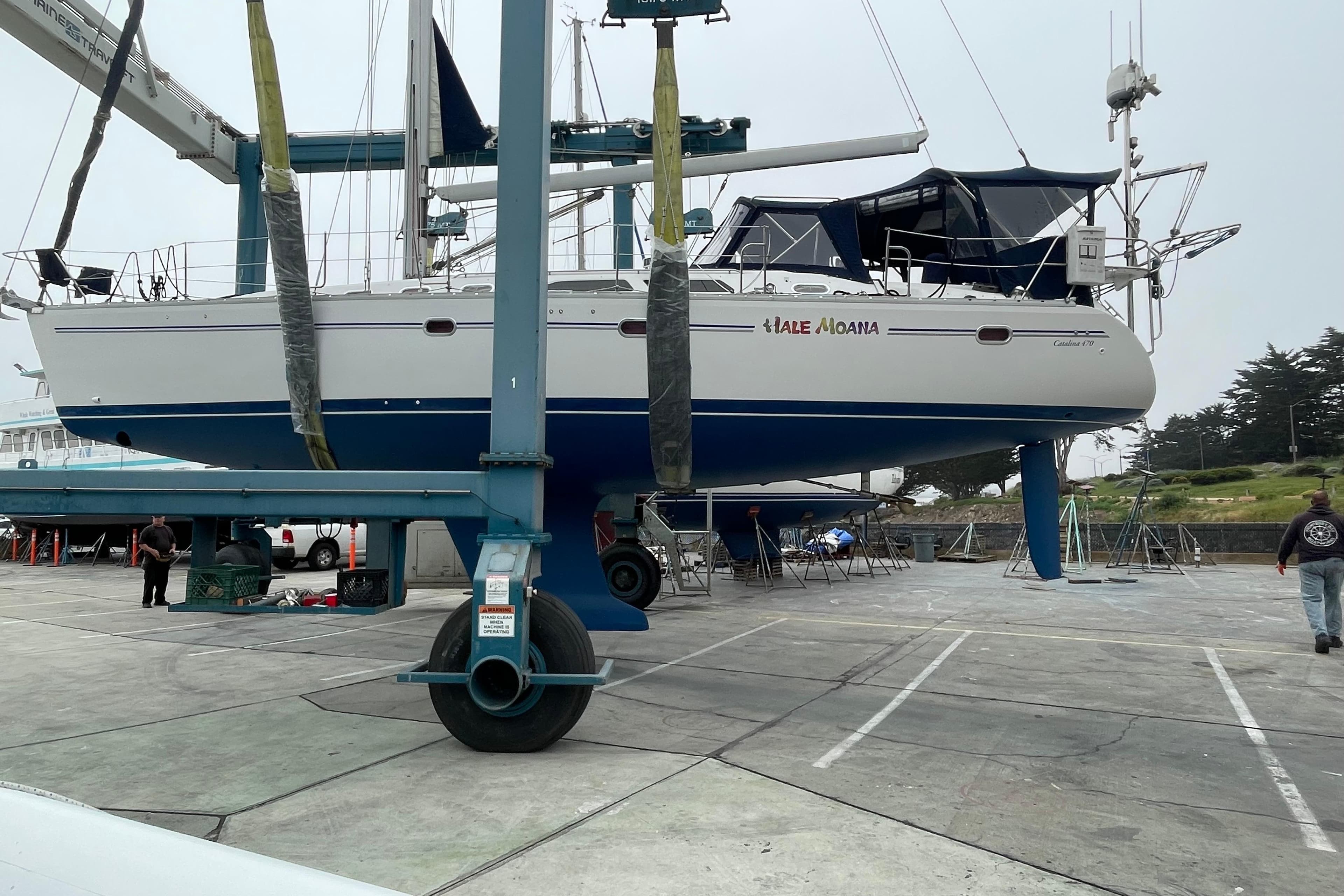 2005 Catalina 470 sailboat in dry dock, undergoing maintenance.