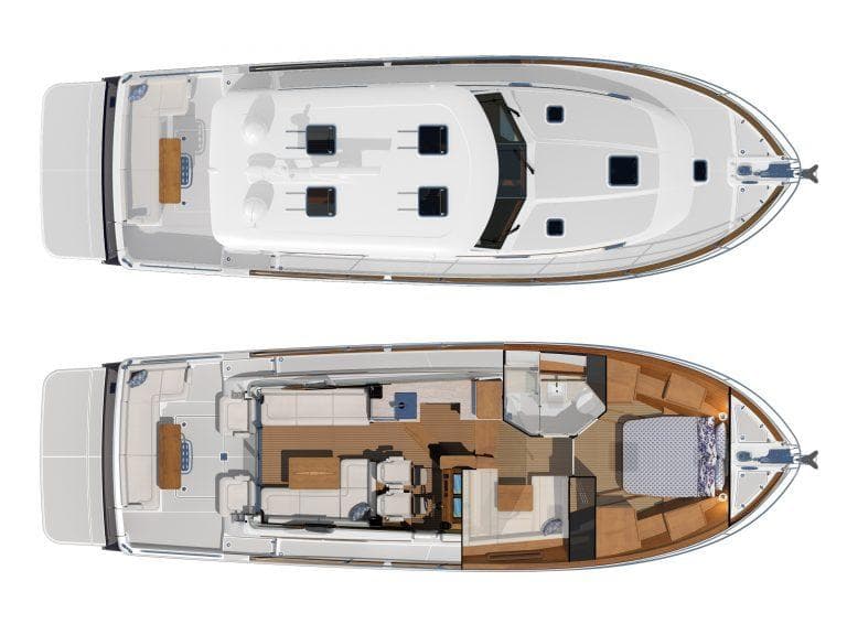 Top-down view of 2025 Sabre 43 Salon Express yacht layout.