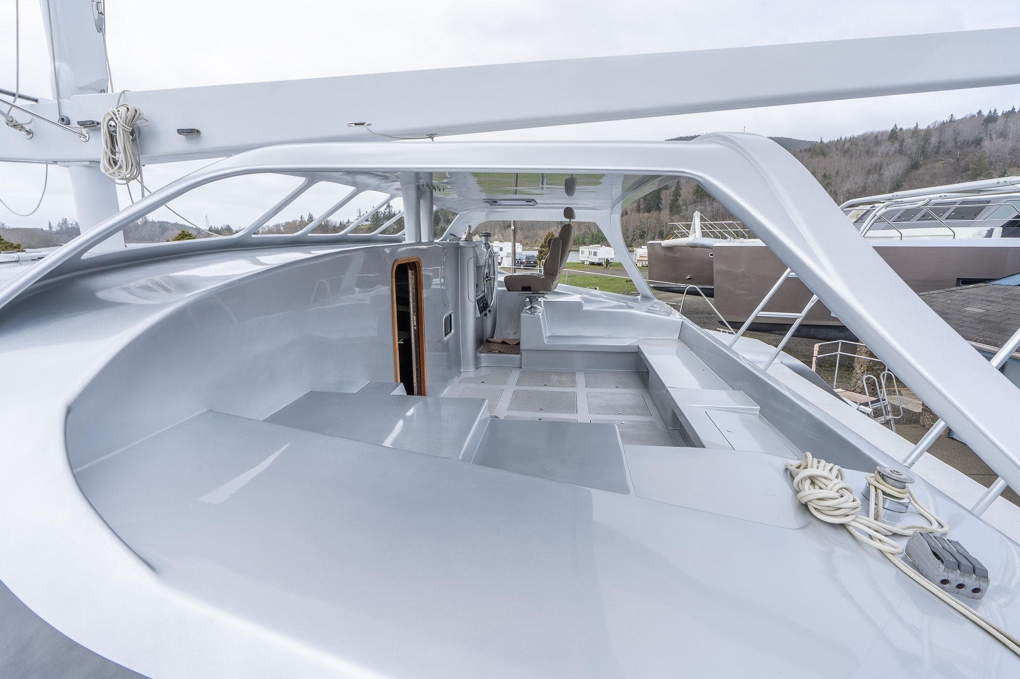 Modern 2025 Shuttleworth 52 AeroRig yacht deck with sleek design and spacious layout.