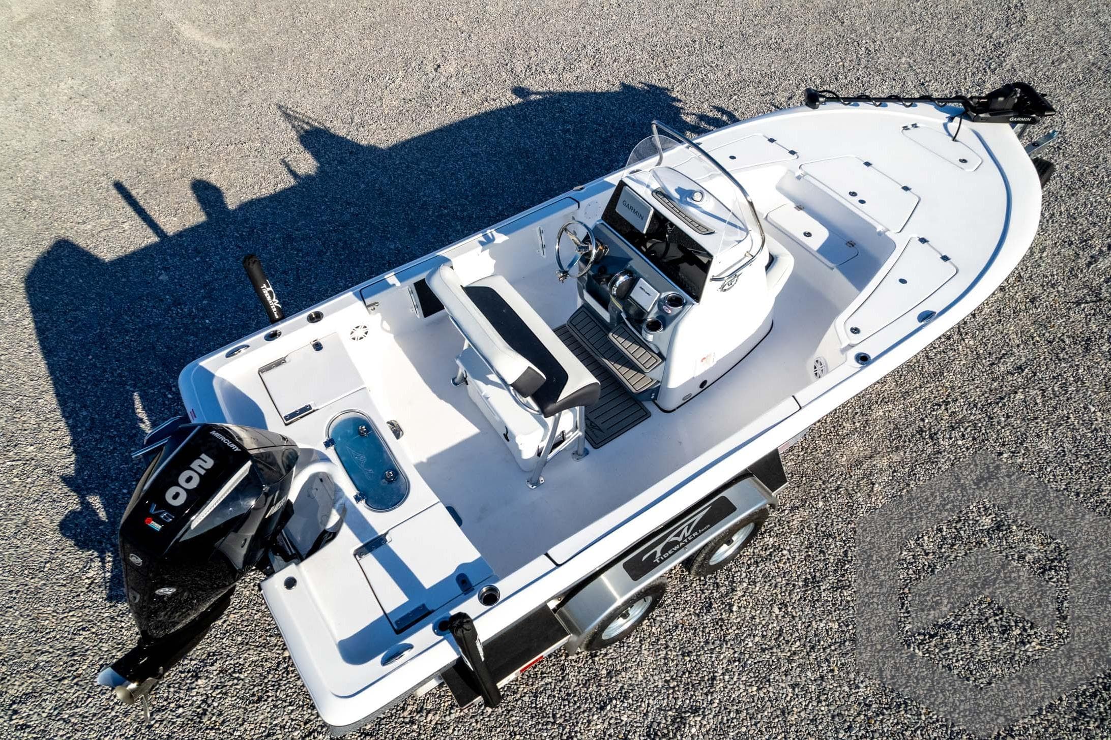 2026 Tidewater 2110 Bay Max boat on trailer, aerial view, sleek design.