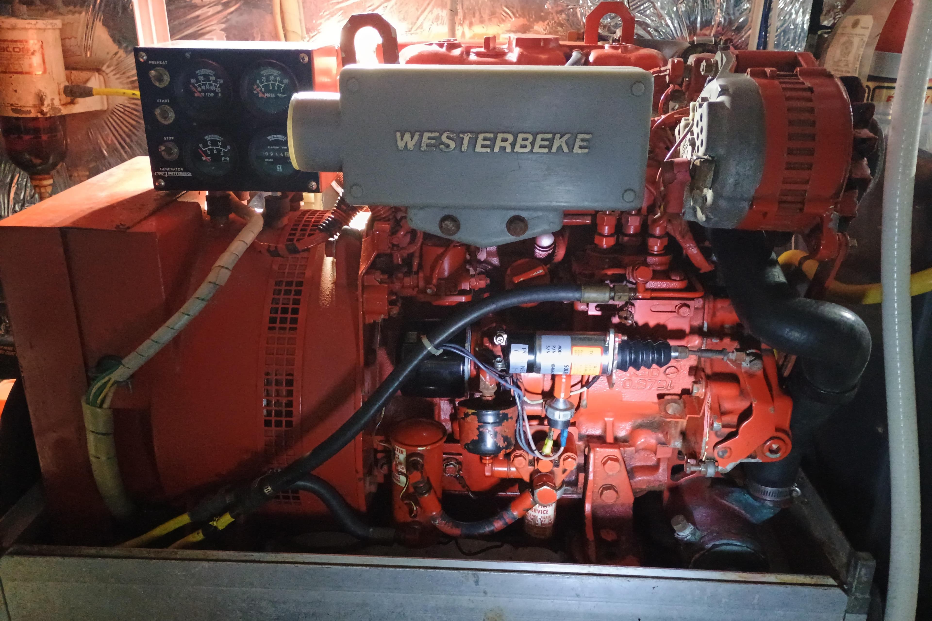 Engine room of 1988 Vantare 46' Aft Cabin Wide Body MY with Westerbeke generator.