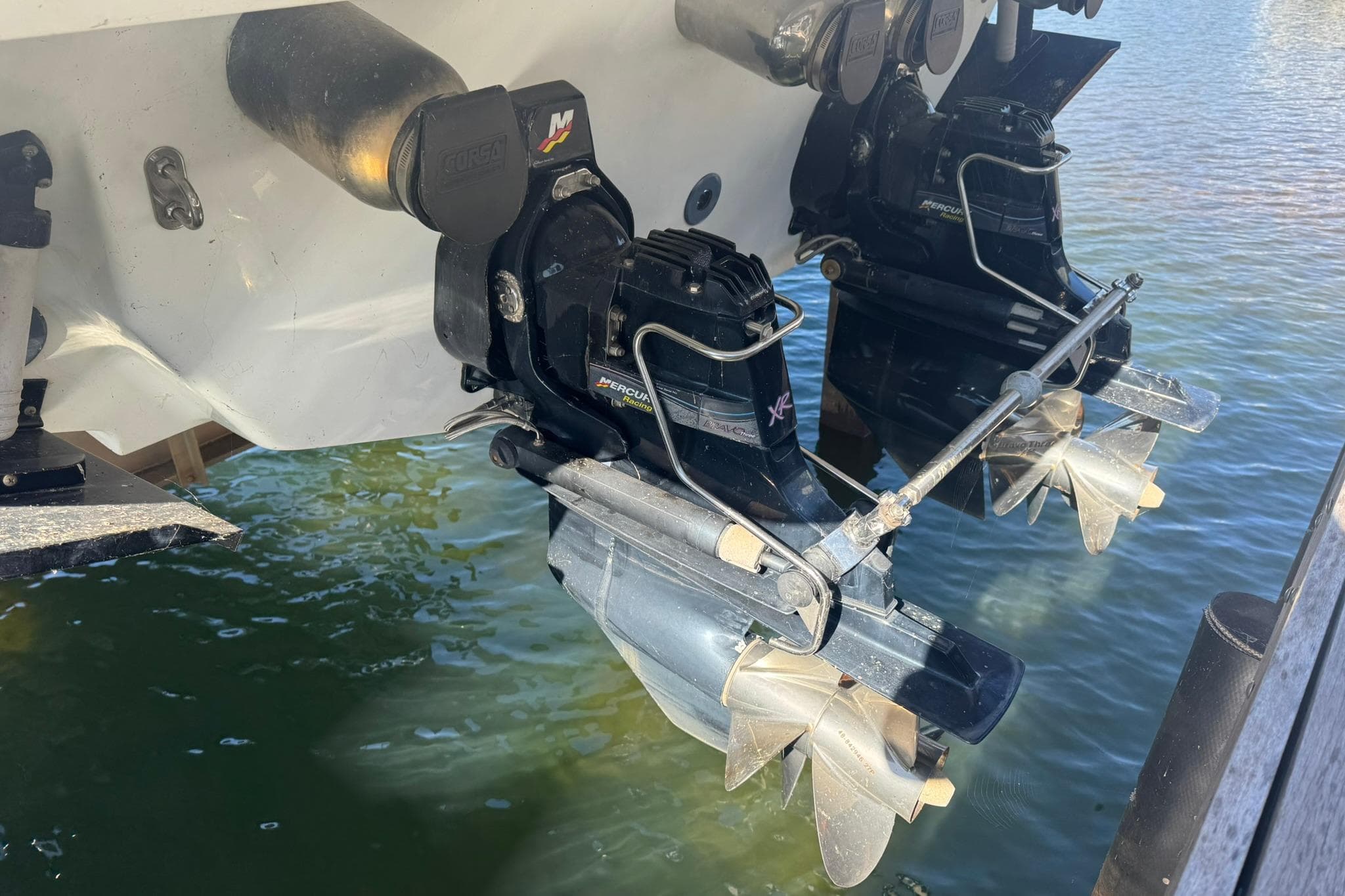 2008 Formula 400 Super Sport boat with dual Mercury outboard motors in water.