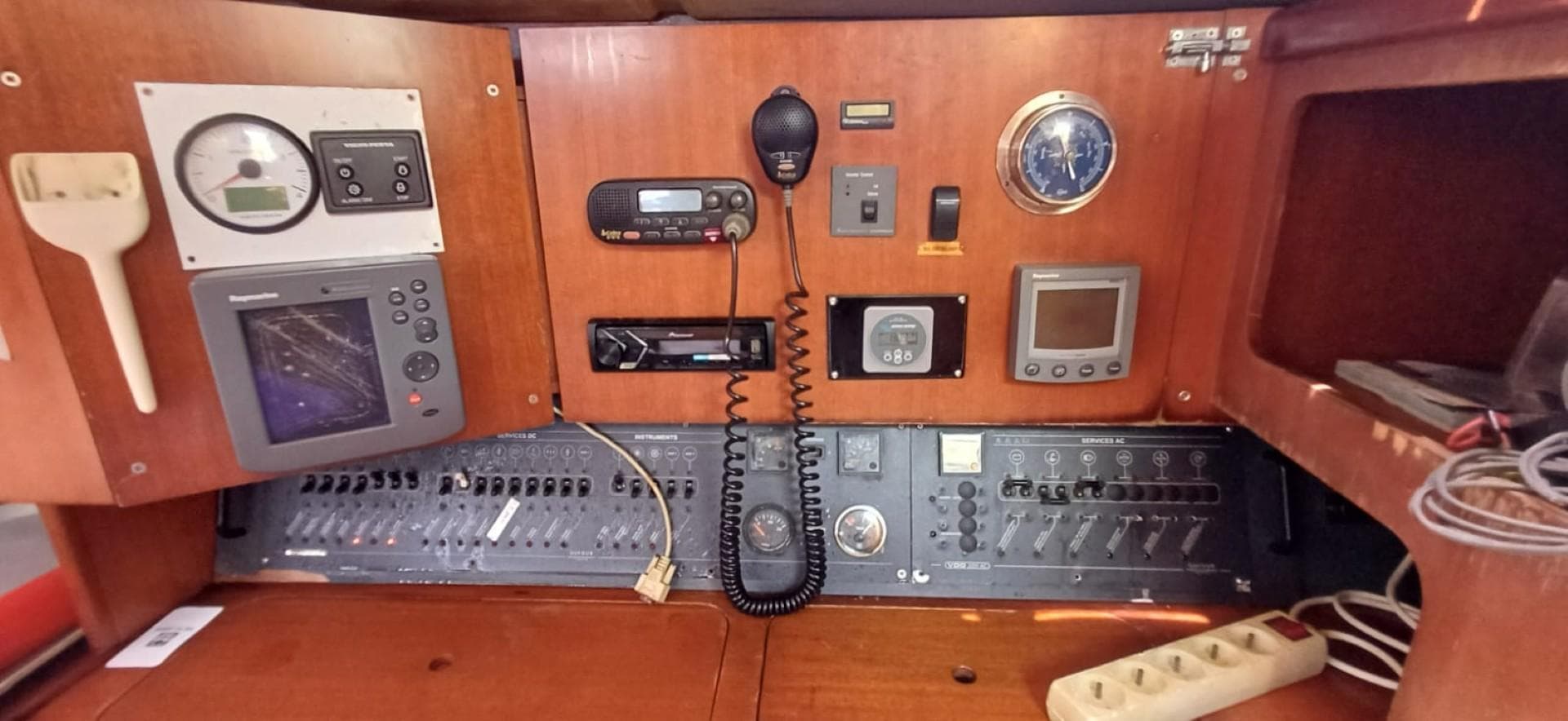 Control panel of 2008 Dufour 455 Grand Large yacht with navigation and communication equipment.