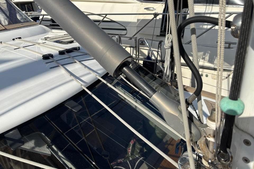 Close-up of 2021 Discovery 58 yacht rigging and deck details.
