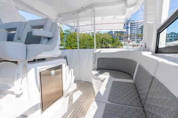 2023 Intrepid 438 Evolution boat interior with modern seating and sleek design.