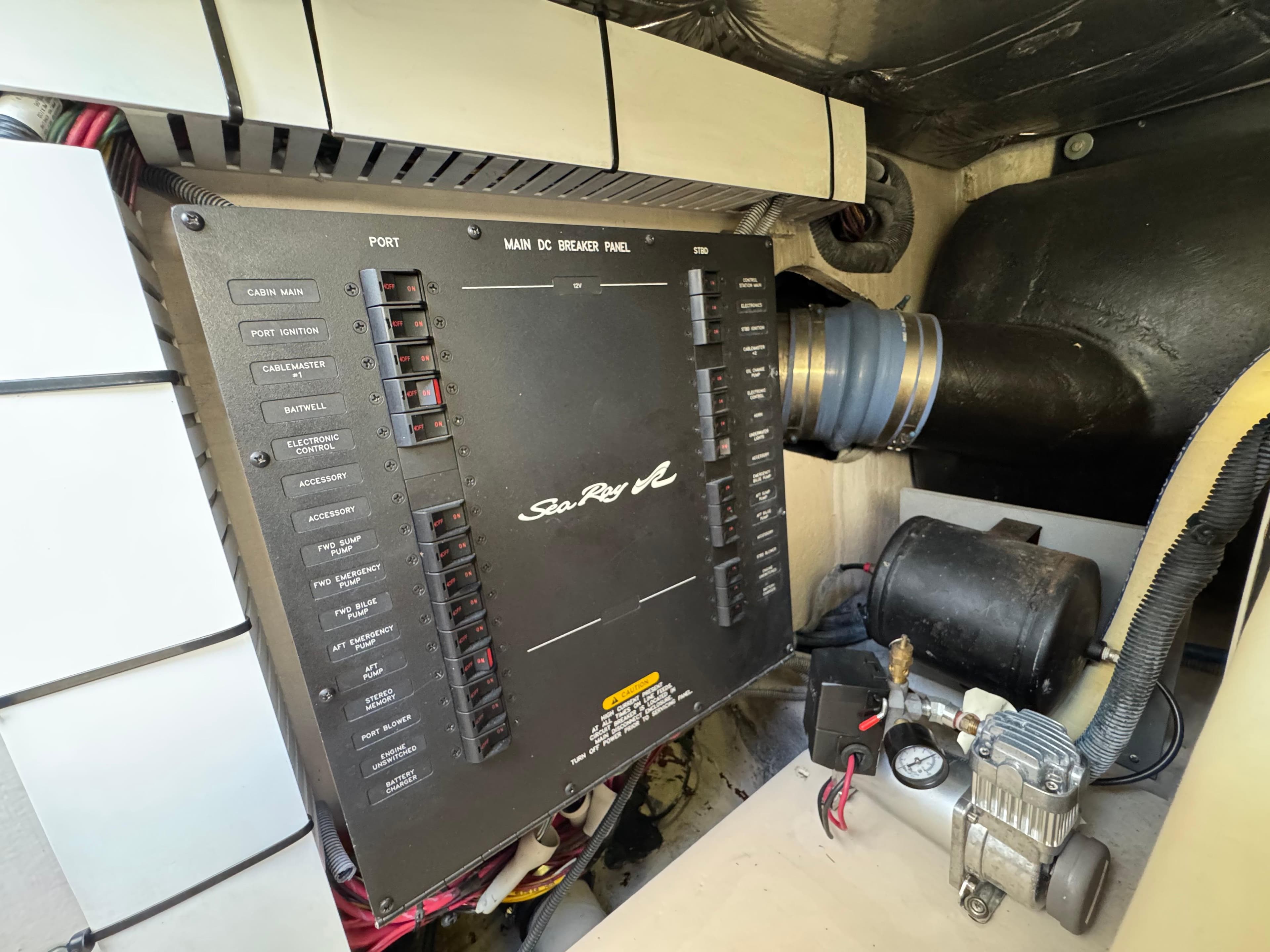 Main DC breaker panel on 2007 Sea Ray 52 Sedan Bridge yacht.
