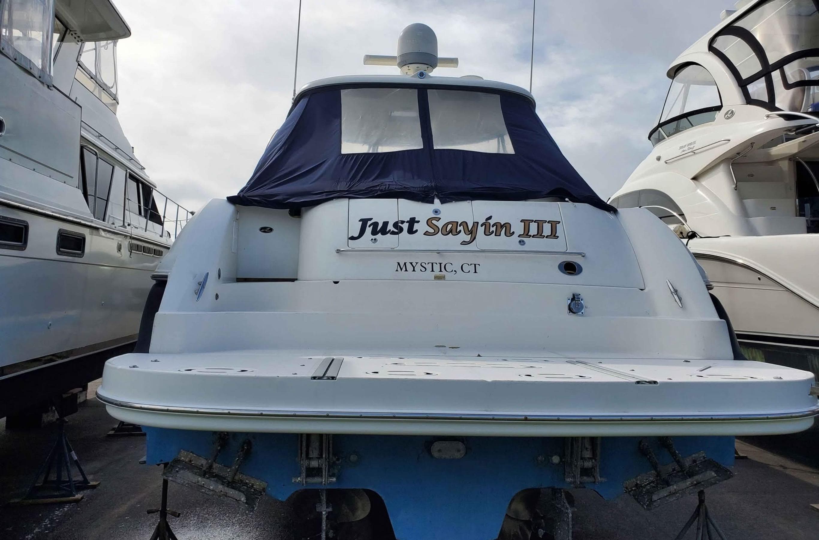 2004 Sea Ray 500 Sundancer yacht named "Just Sayin III" docked in Mystic, CT.