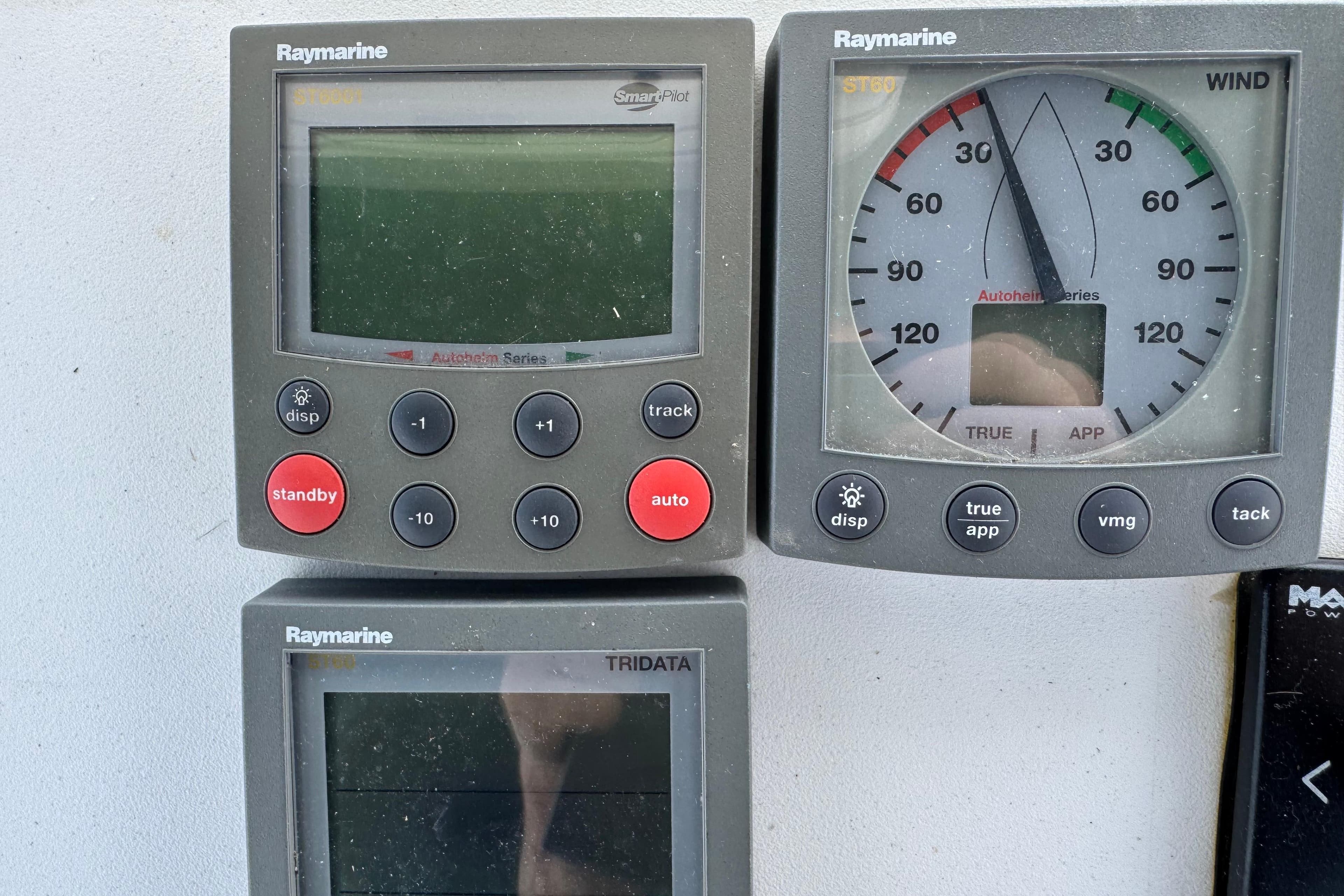 Raymarine navigation instruments on a 1997 Beneteau Oceanis 461 sailboat.