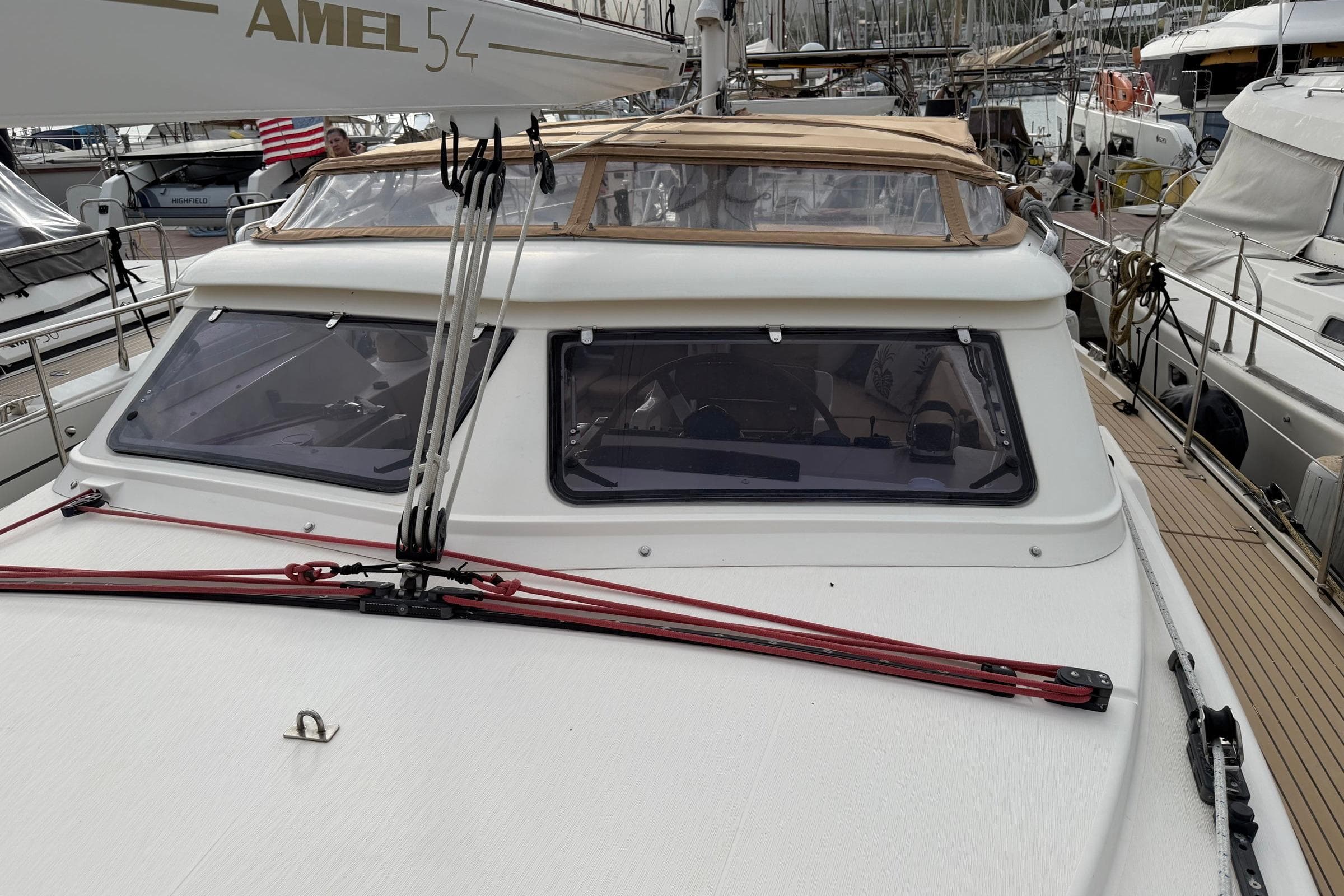 Sailing yacht Amel 54, 2010 model, docked with visible deck and rigging.
