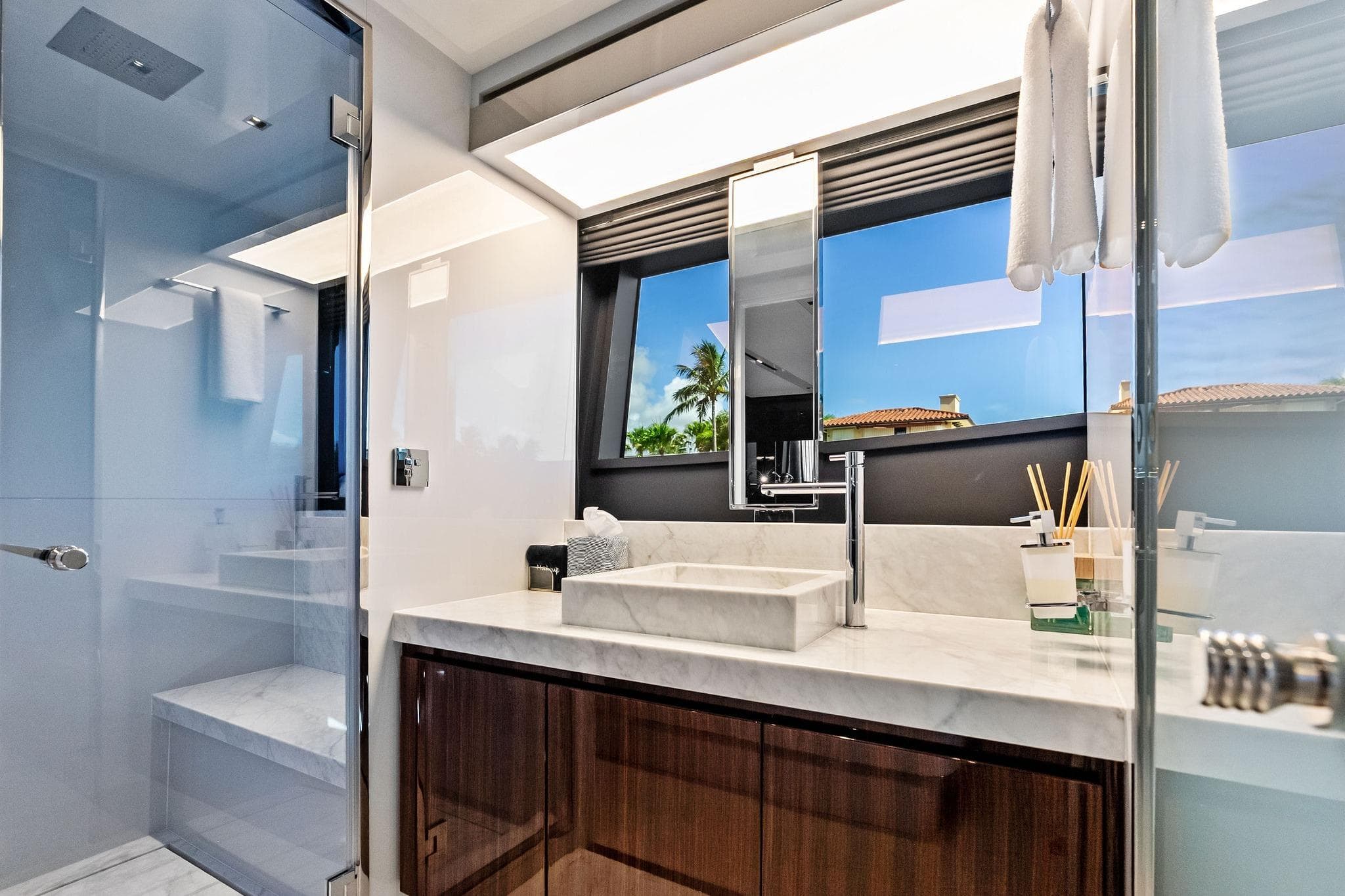 Luxurious bathroom interior of 2024 Riva 76 PERSEO Super yacht with modern fixtures.