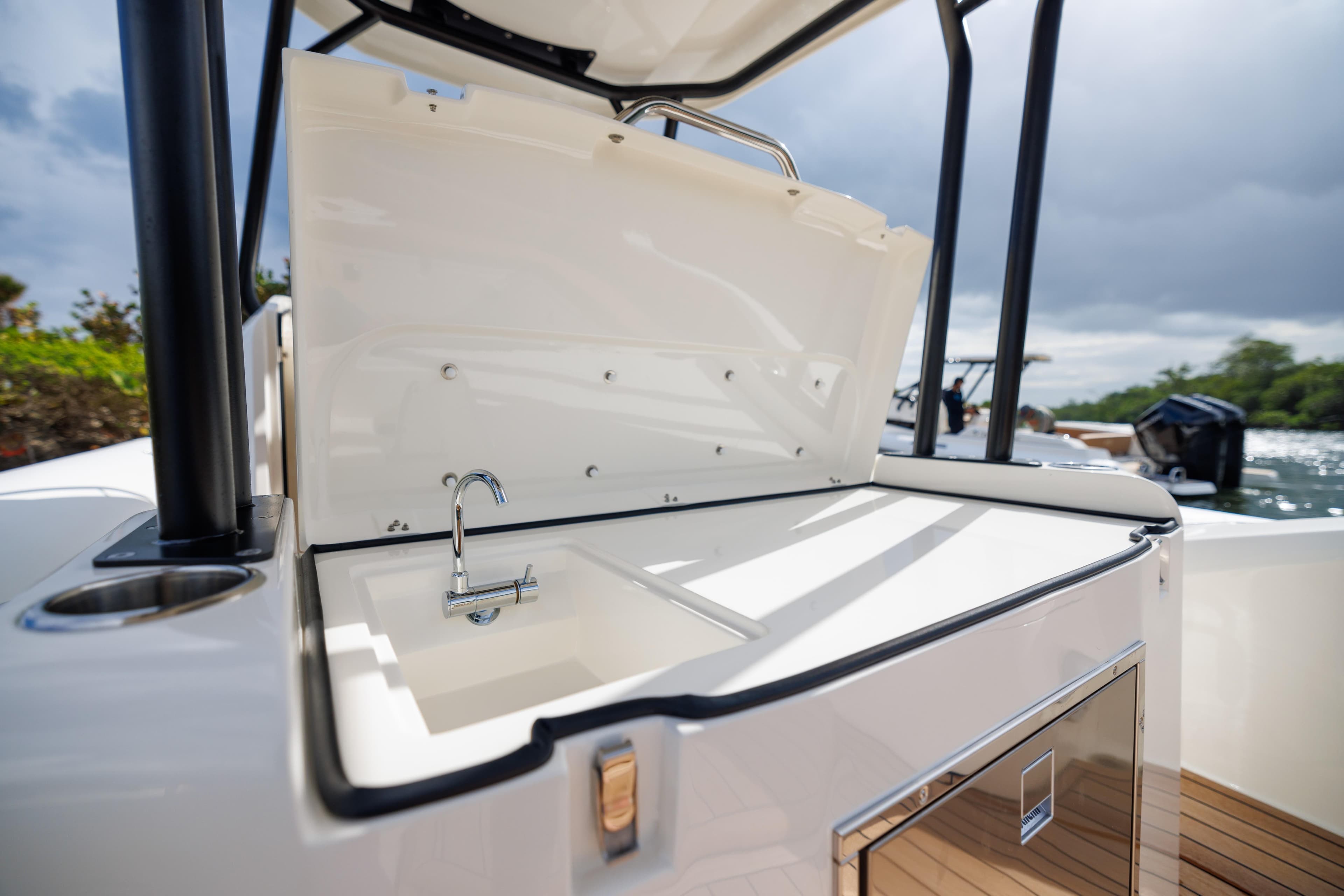 2024 Nuova Jolly Prince 38 boat with open deck sink and storage.