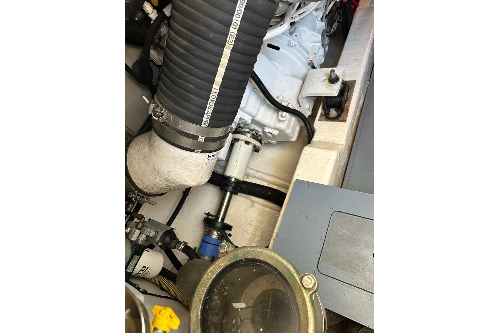 Engine compartment of a 2007 Princess 50 yacht, showcasing mechanical components.