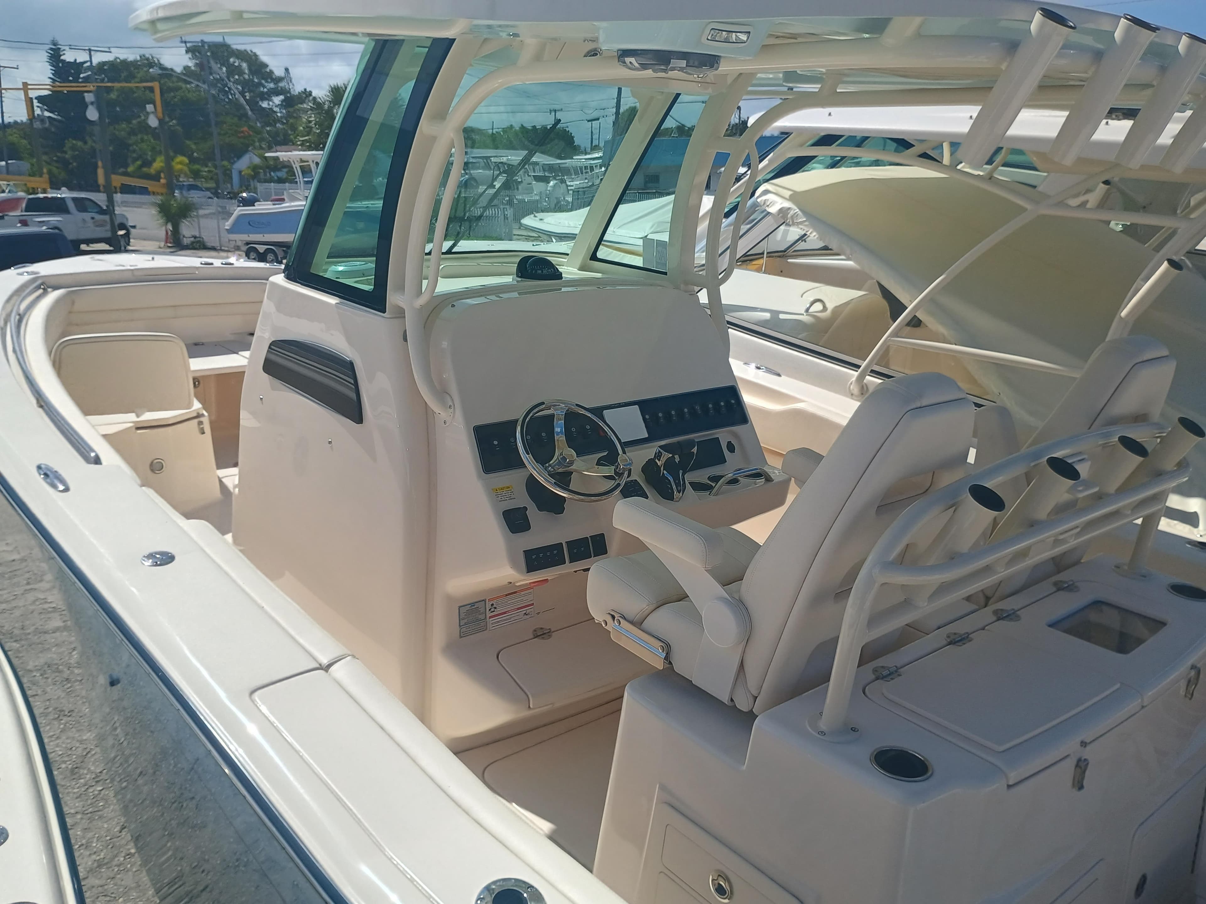 2025 Grady-White Canyon 306 boat interior with helm and seating.