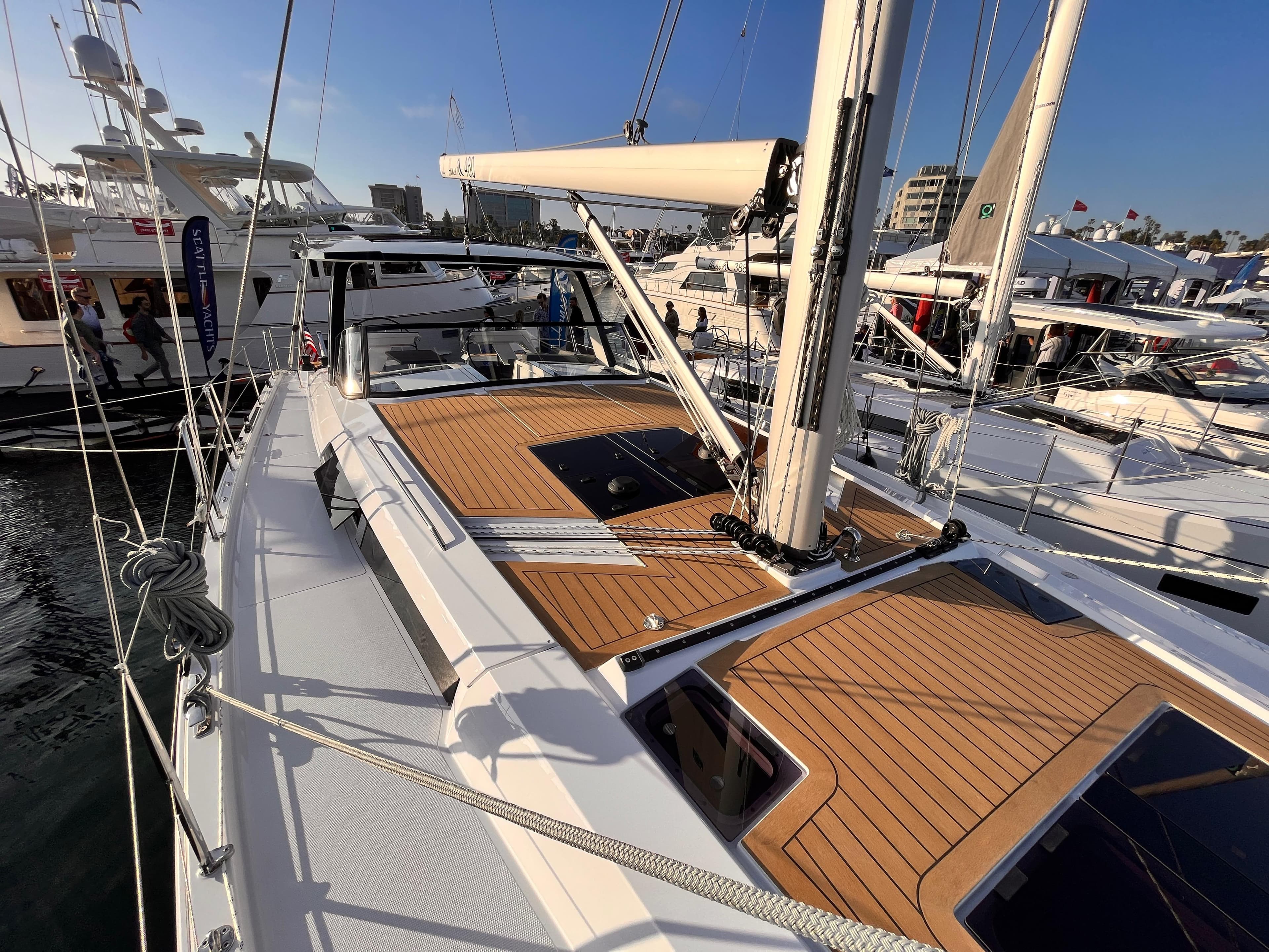 2023 Hanse 460 yacht with sleek deck design at a marina.