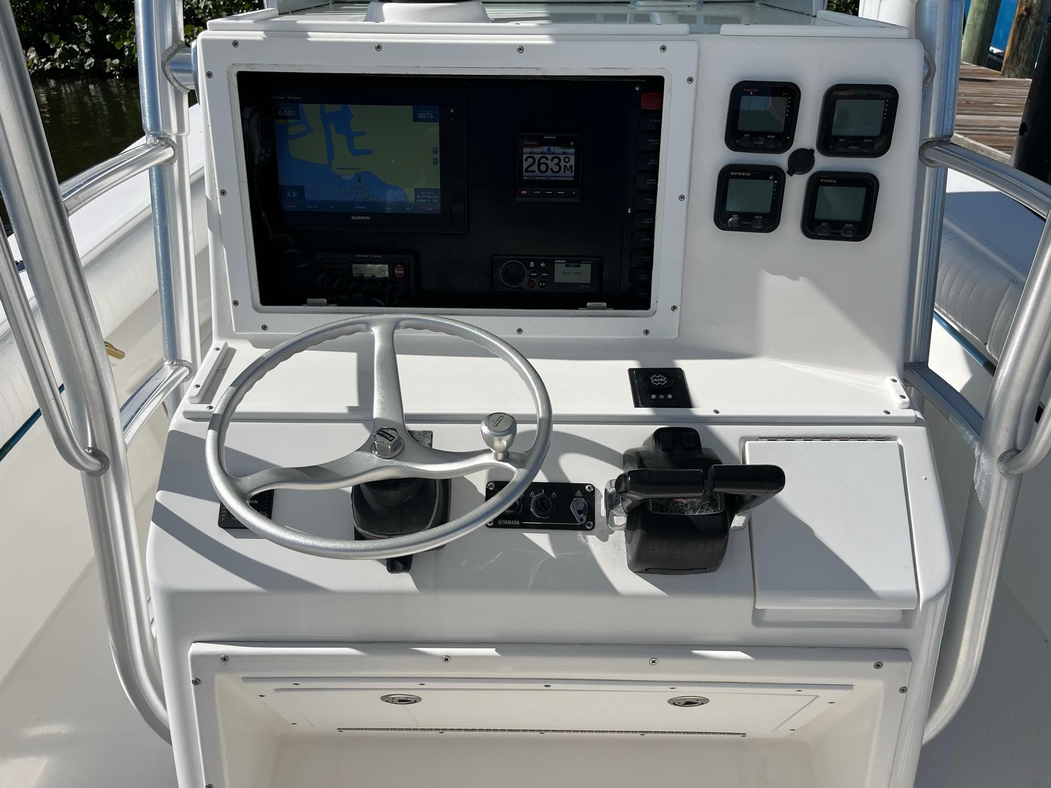 Helm of a 2006 Regulator 32 Center Console boat.