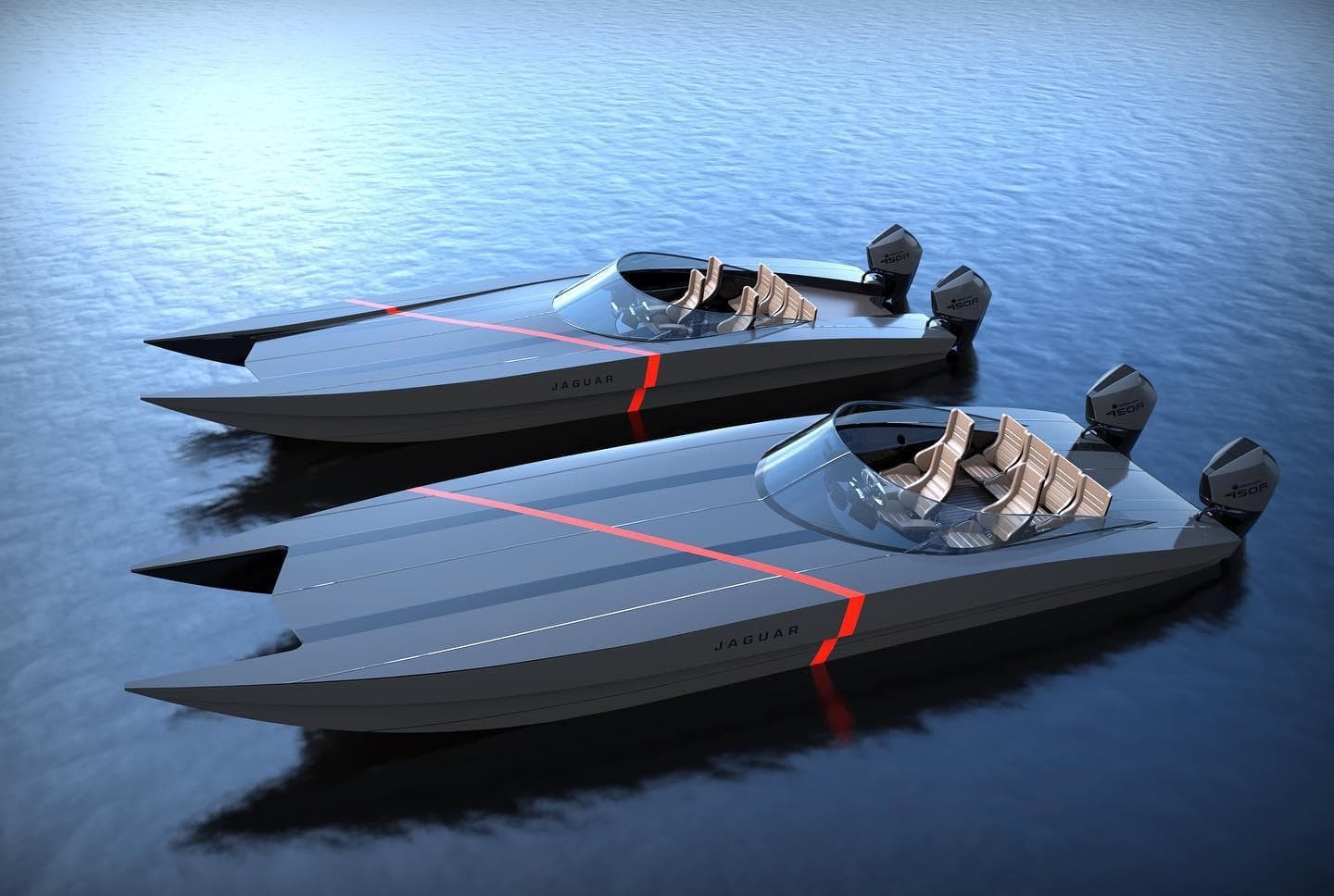 2024 Jaguar 37 Wildcat speedboats on water, sleek design with red accents.
