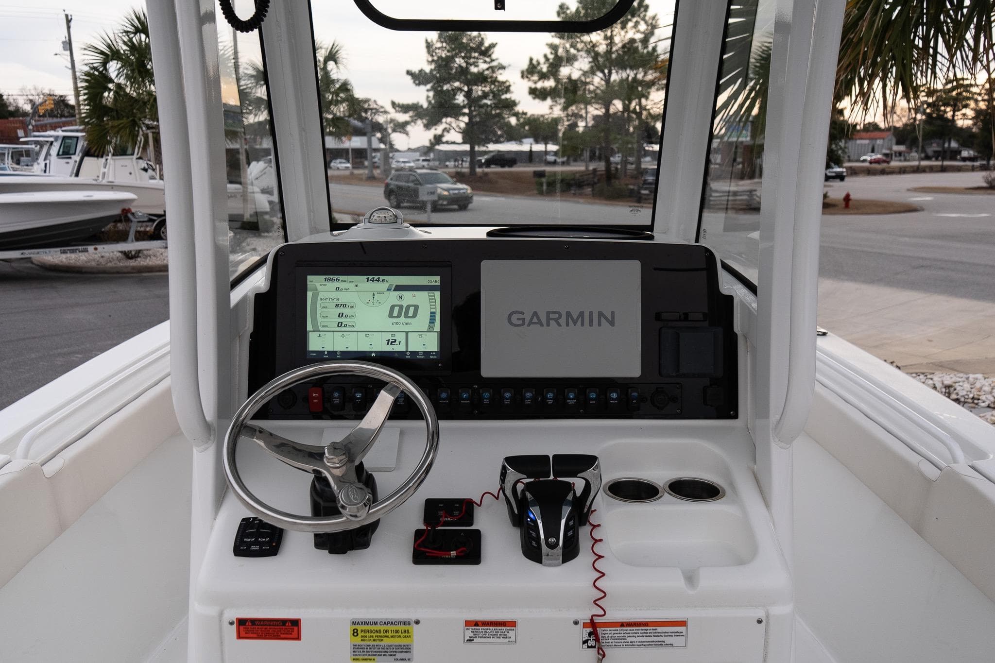 2023 Sea Hunt Gamefish 25 boat dashboard with Garmin navigation system.
