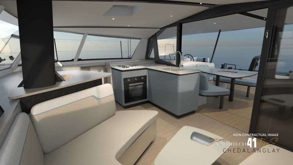 Luxurious interior of 2025 Nautitech 41 Type S catamaran with modern kitchen and seating area.