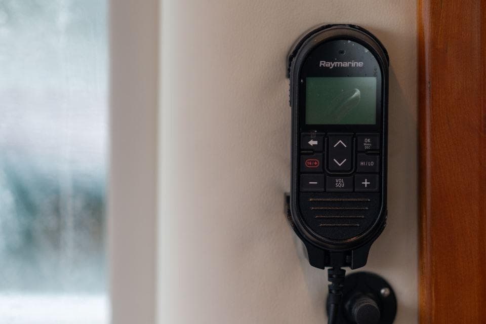 Raymarine control panel on 2007 Aquastar 57 yacht interior wall.