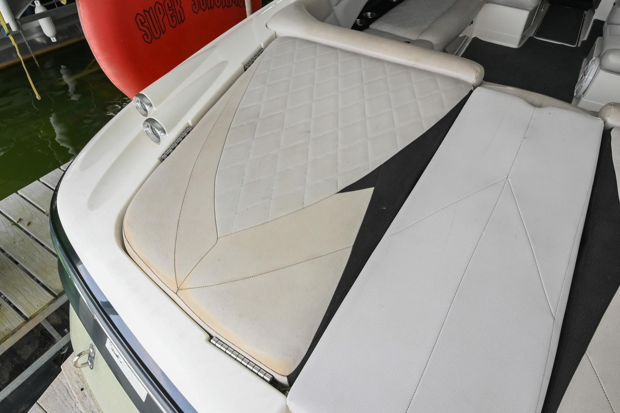 2009 MasterCraft X-45 boat with stylish, diamond-stitched upholstery on the deck.
