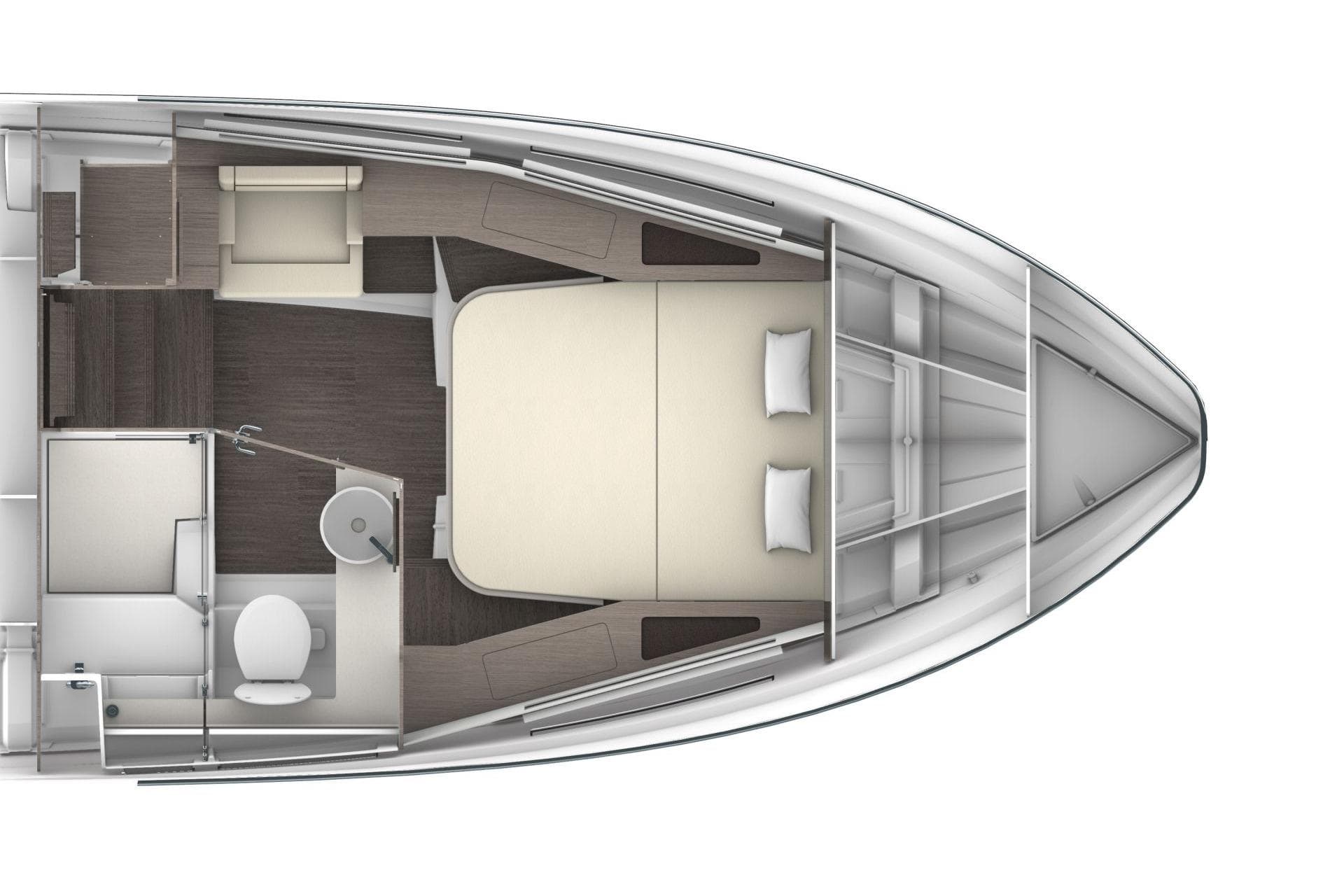 Top view of 2026 Wellcraft 38 Explorer cabin layout with bed, seating, and bathroom.
