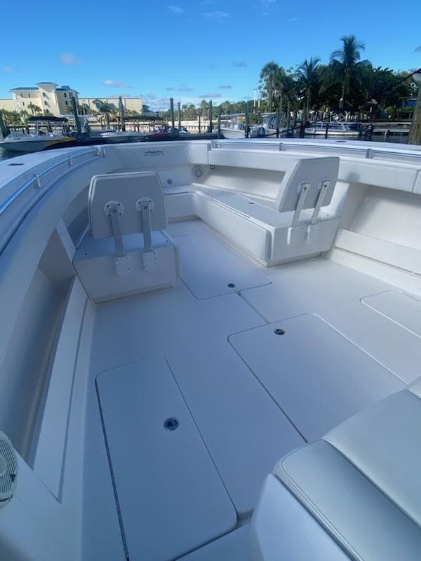 2019 Invincible 39 Open Fisherman boat with spacious seating and clean deck.