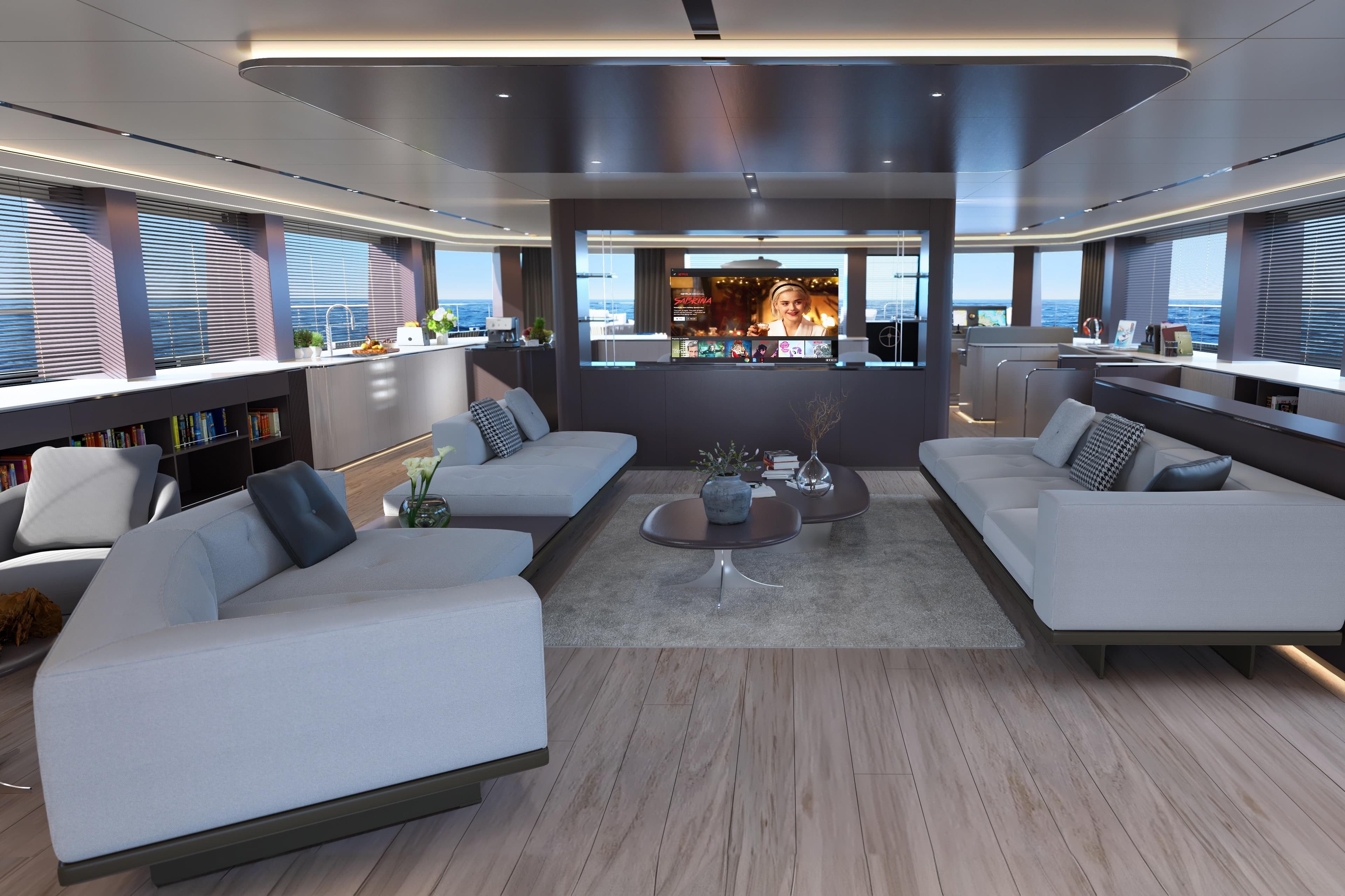 Luxurious VisionF 101 yacht interior, featuring modern sofas, entertainment center, and panoramic ocean views.