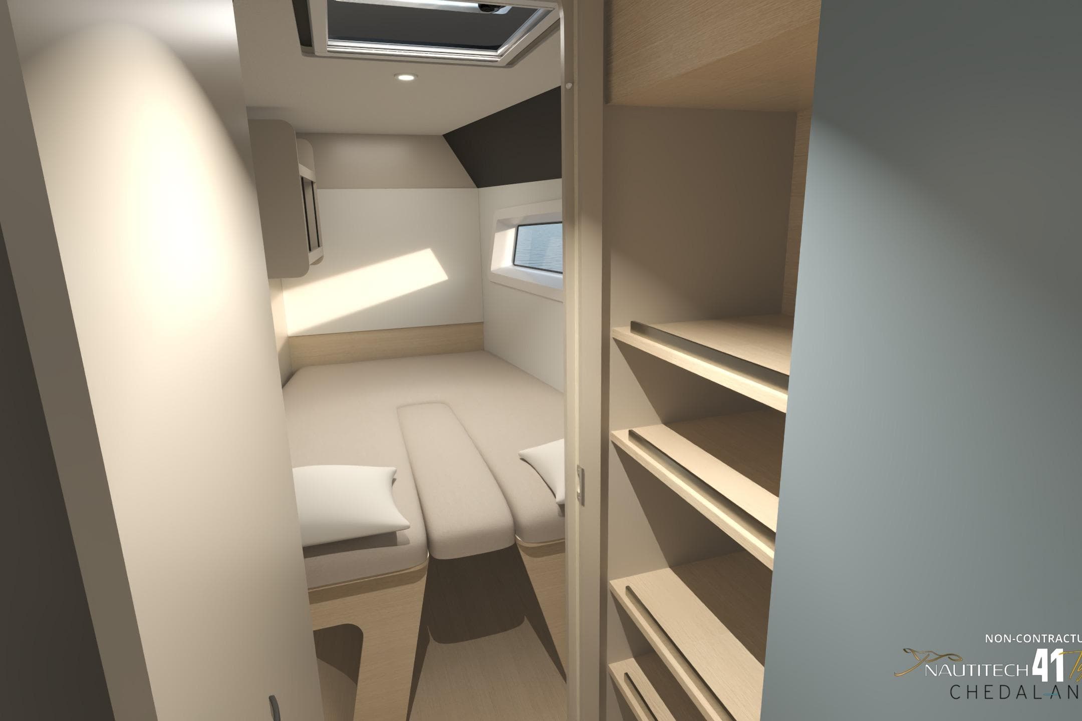 Interior of Nautitech 41 Type S 2026 with modern bedroom design.