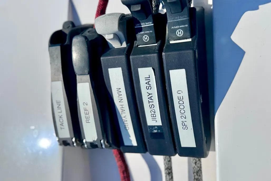 Sailing rope clutches labeled for Nautor Swan 60 FD, 2009 model.