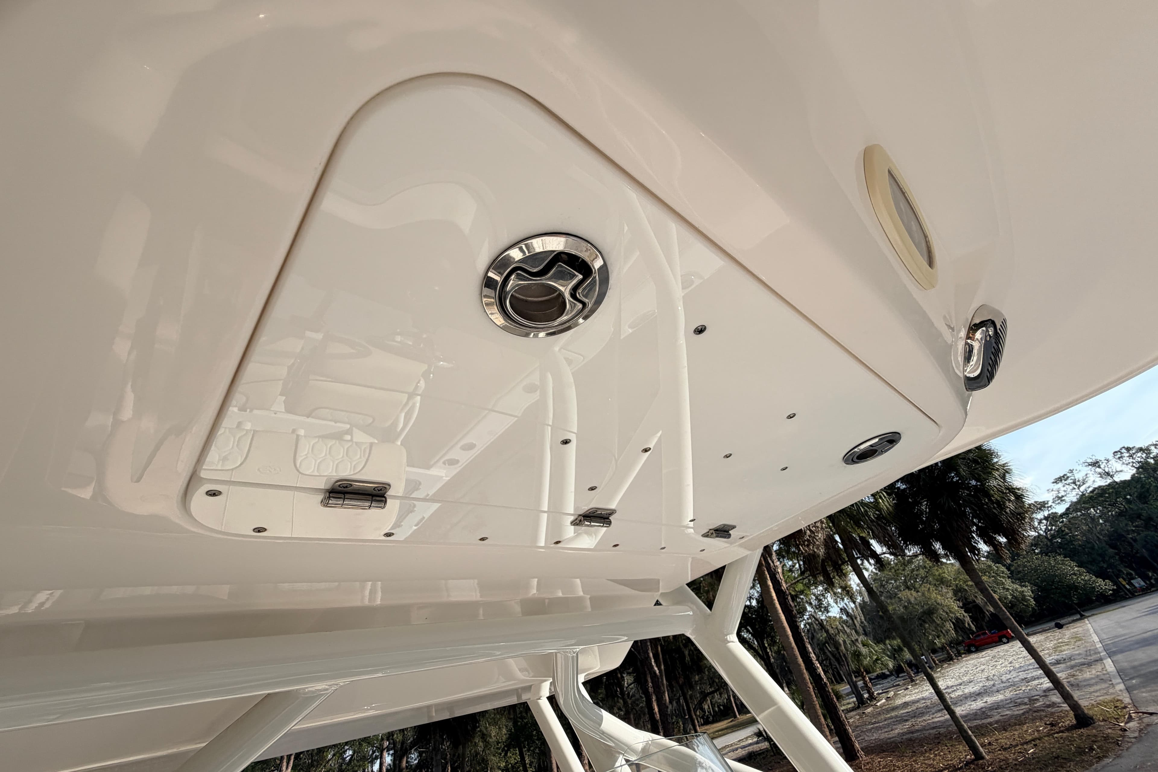 2022 Sea Fox 228 Commander boat underside view with hatches and fittings.