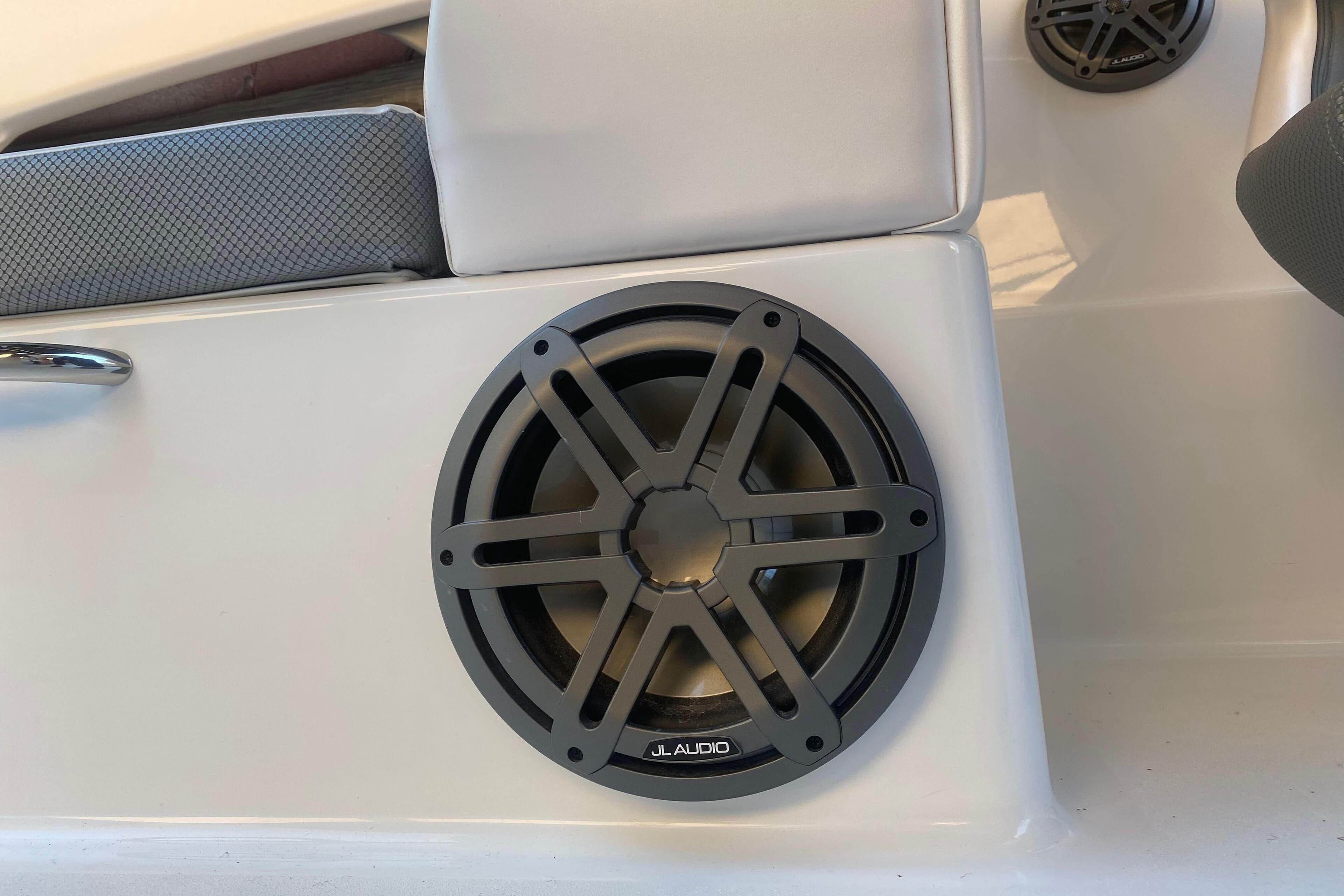 Speaker system in 2025 Scarab 255 ID boat interior, featuring JL Audio components.