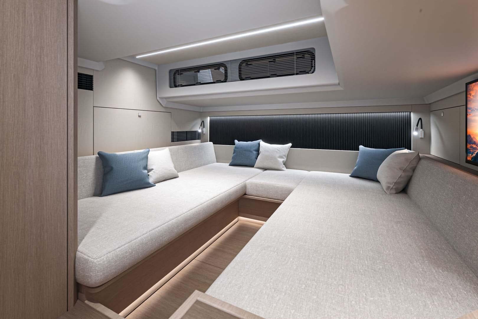 Manufacturer Provided Image: Luxurious interior of 2025 Beneteau Gran Turismo 40 yacht with modern seating and cushions.
