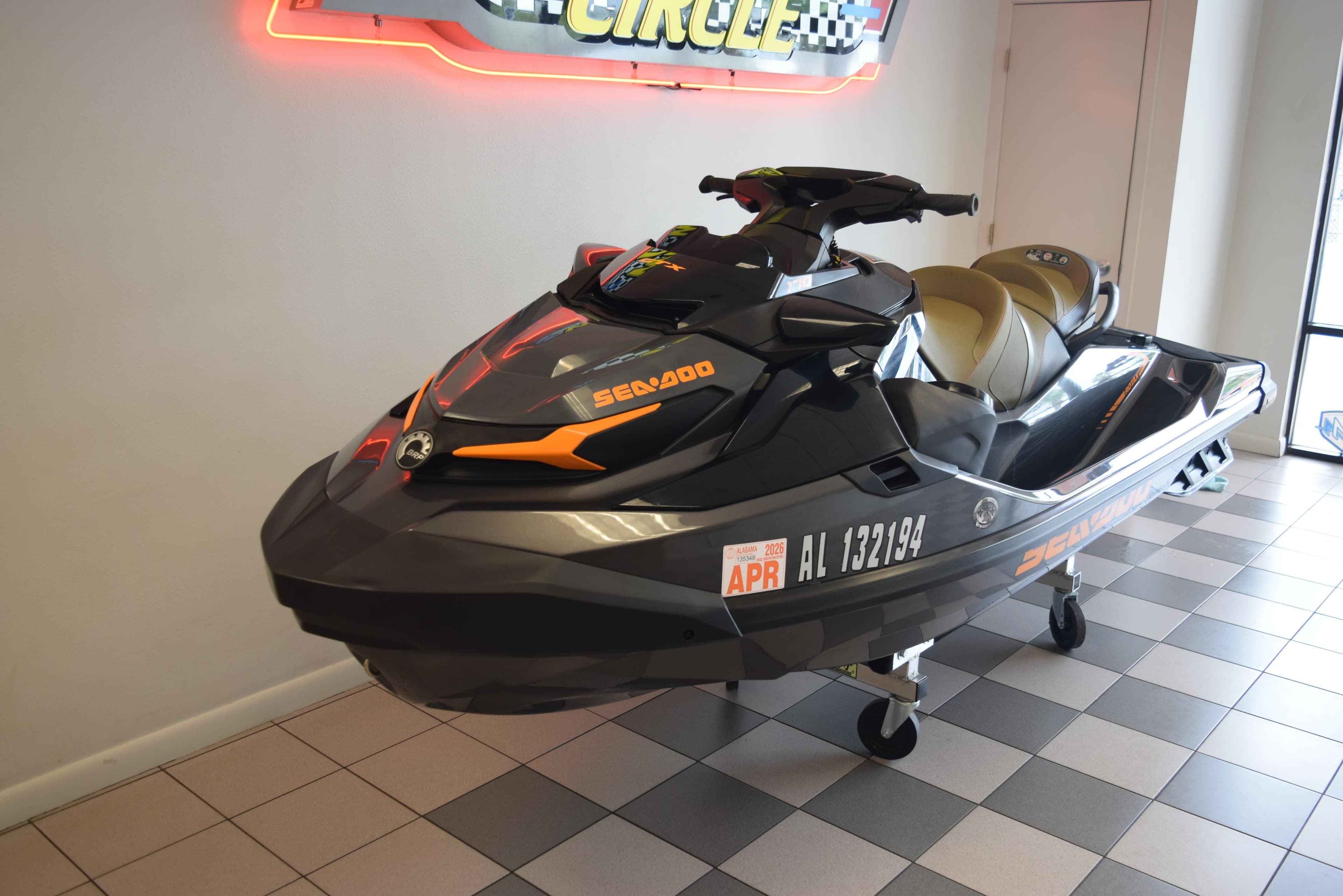 2021 Sea-Doo GTX 170 jet ski displayed indoors on tiled floor.