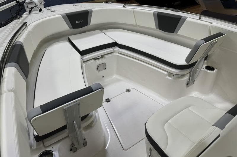 2024 Robalo R250 Center Console boat interior with cushioned seating and storage compartments.