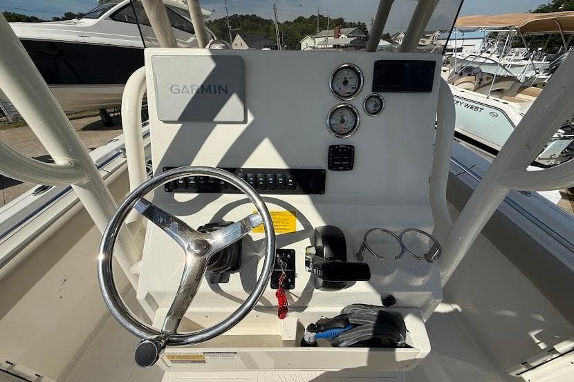 Center console of 2026 Key West 219 FS boat with Garmin navigation system.