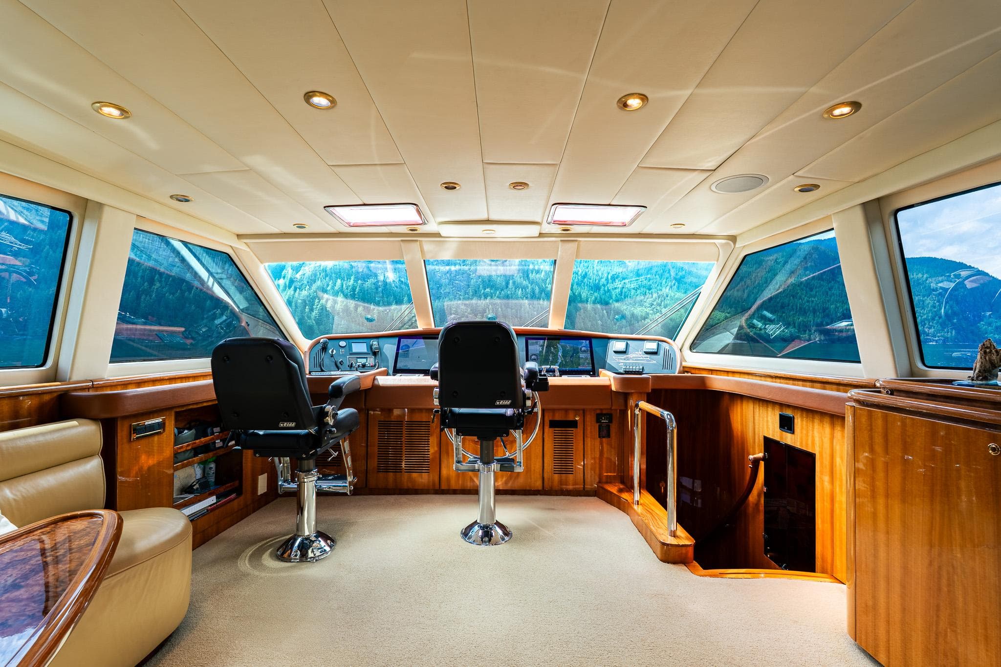 Luxurious interior of Mystica Skylounge yacht, model year 2007.