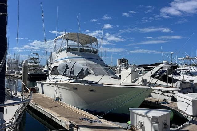 1985 Egg Harbor 33 Convertible yacht docked at marina under clear blue sky.