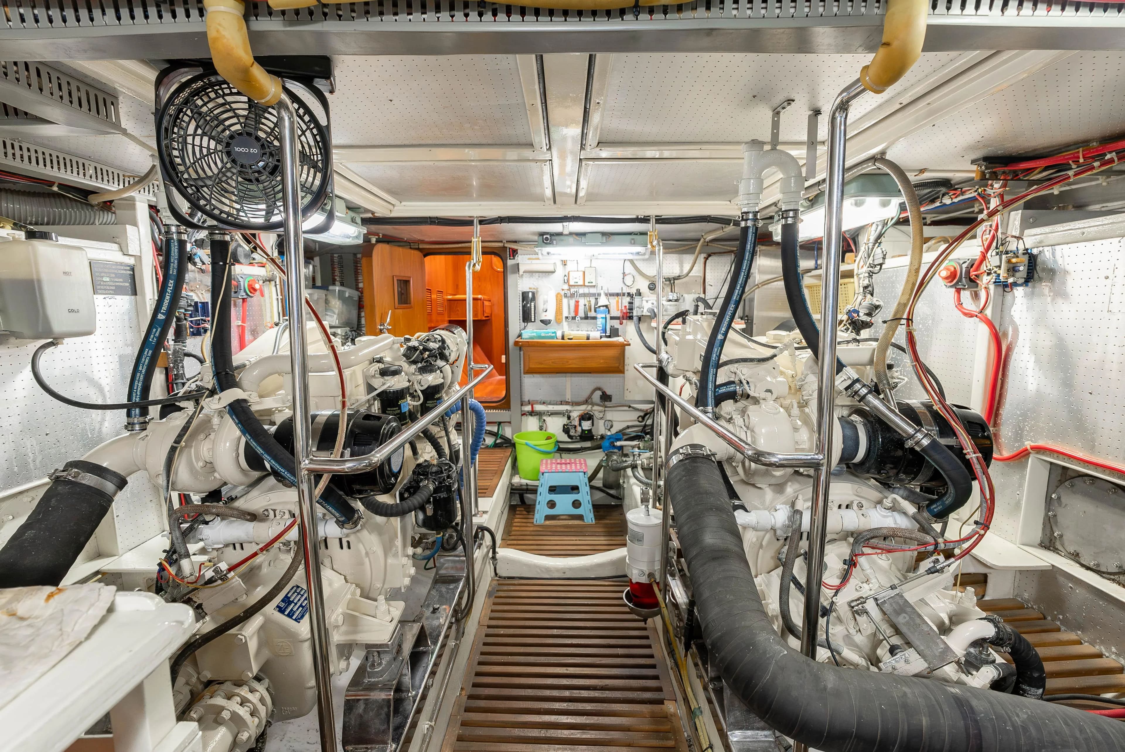 Engine room of 2009 DeFever 45 Motoryacht with dual engines.