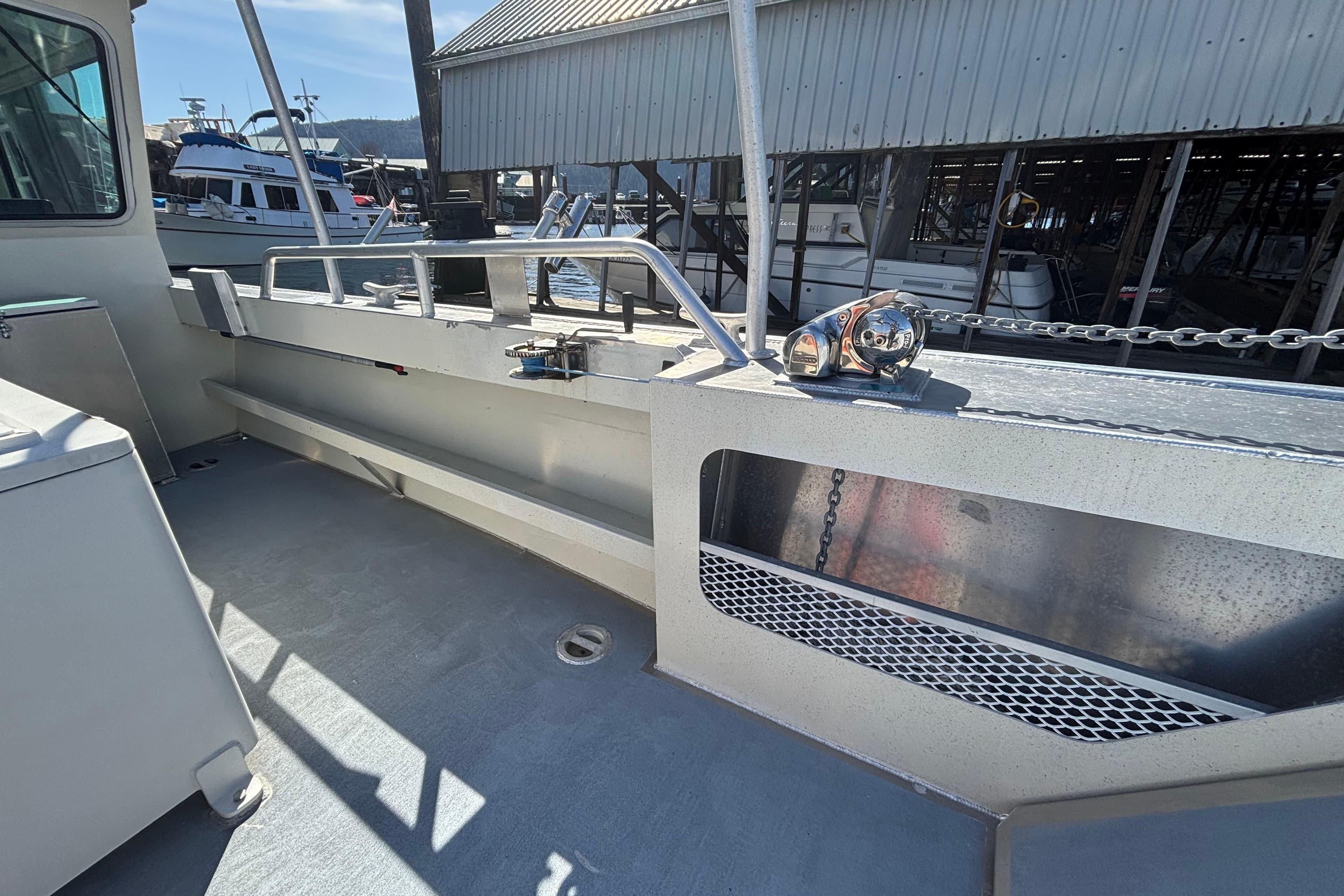 Interior view of 2021 Silver Streak 32 Landing Craft Cabin - Sitka, showcasing deck and railing.