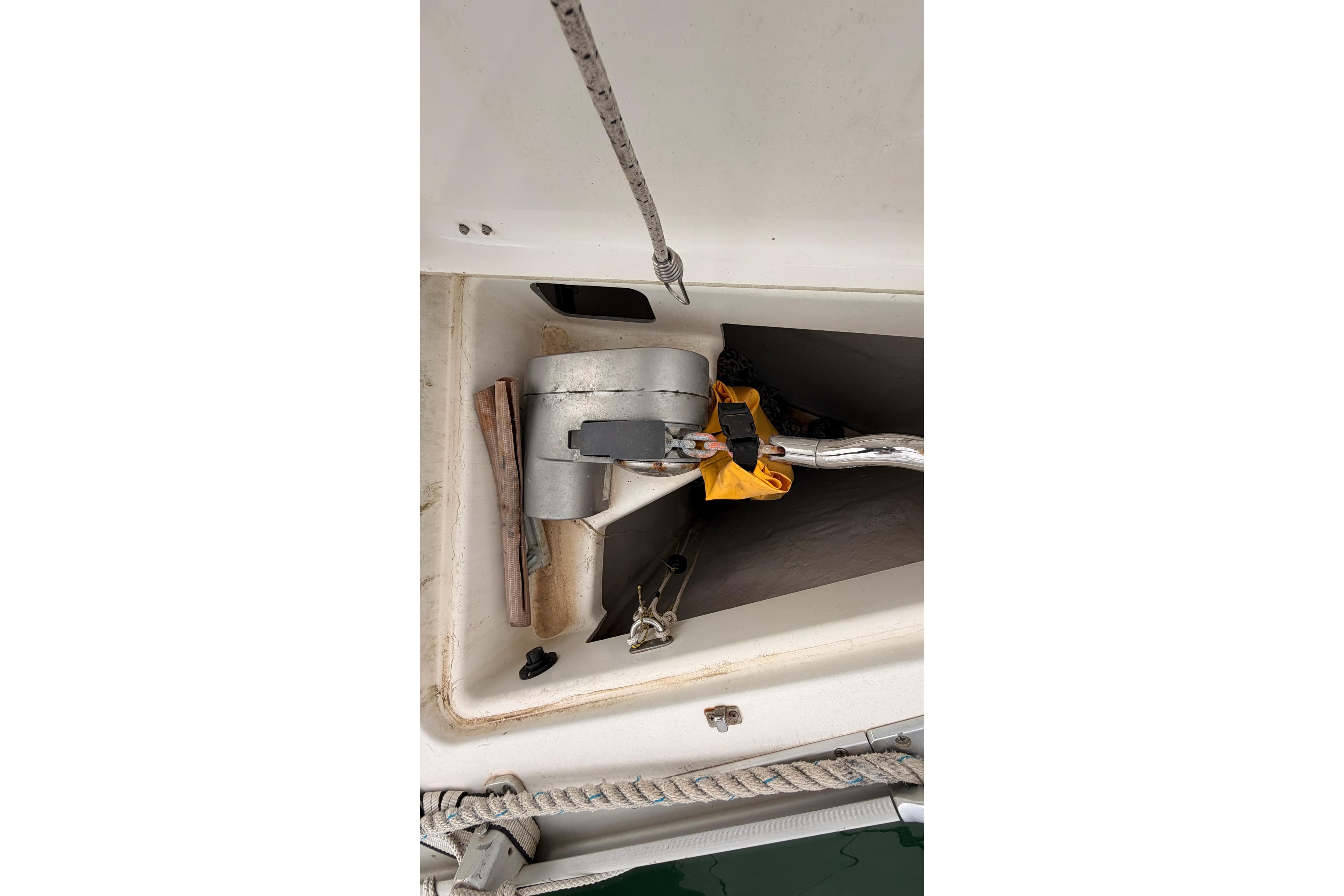 Anchor storage compartment on a 2009 Bavaria 34 Cruiser sailboat.