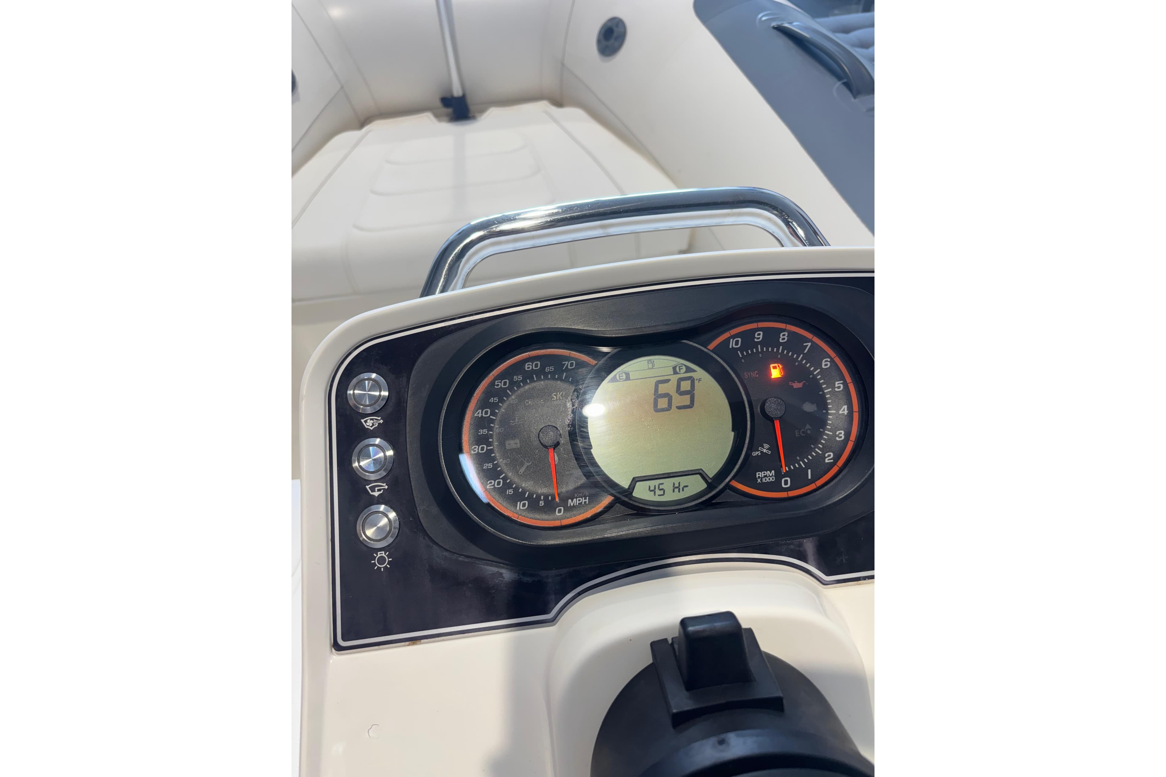 Dashboard of 2018 Williams Jet Tenders Sportjet 345, showing speedometer and controls.
